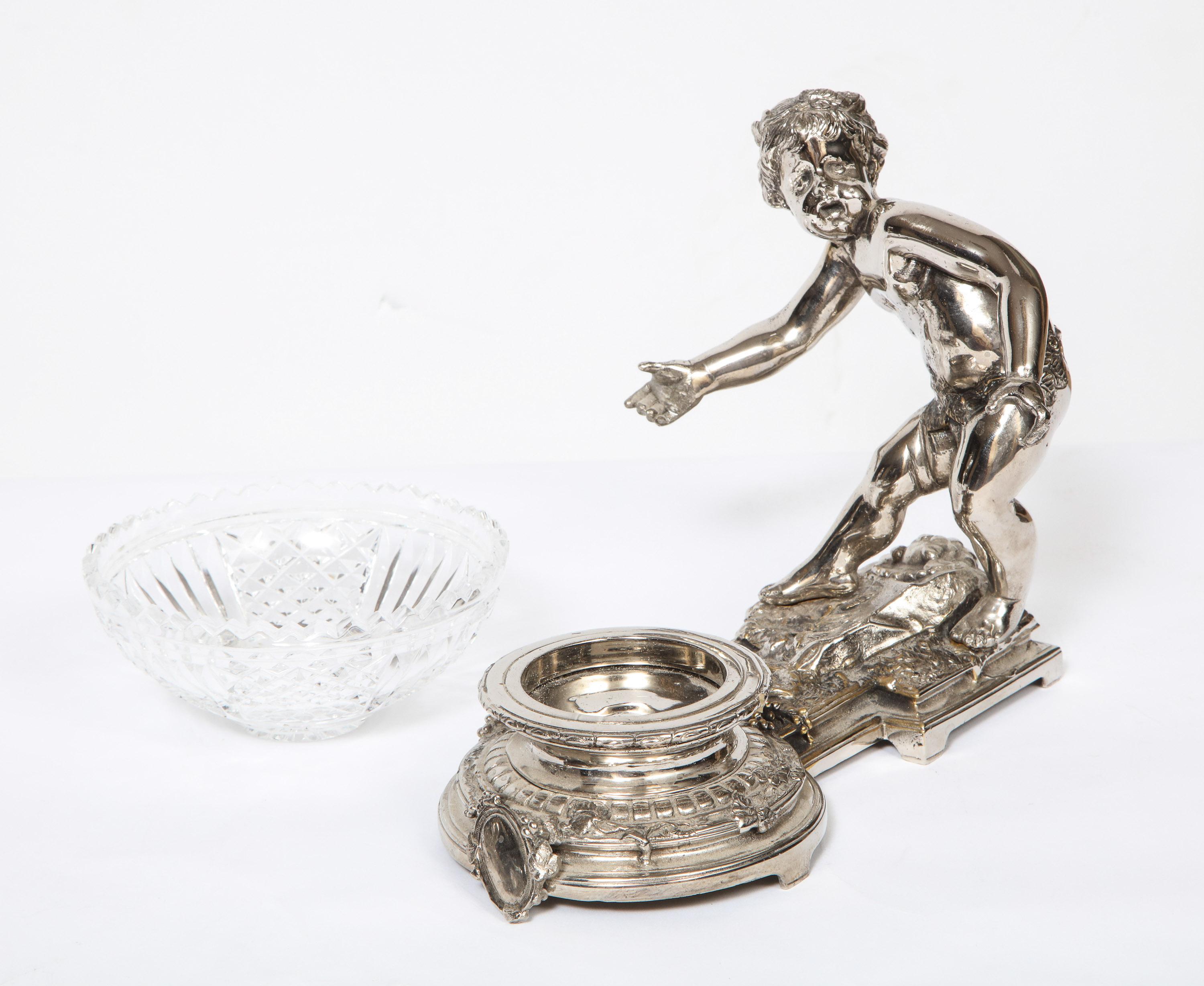 Pair of French Silvered Bronze and Glass Centerpieces with Cherubs 4