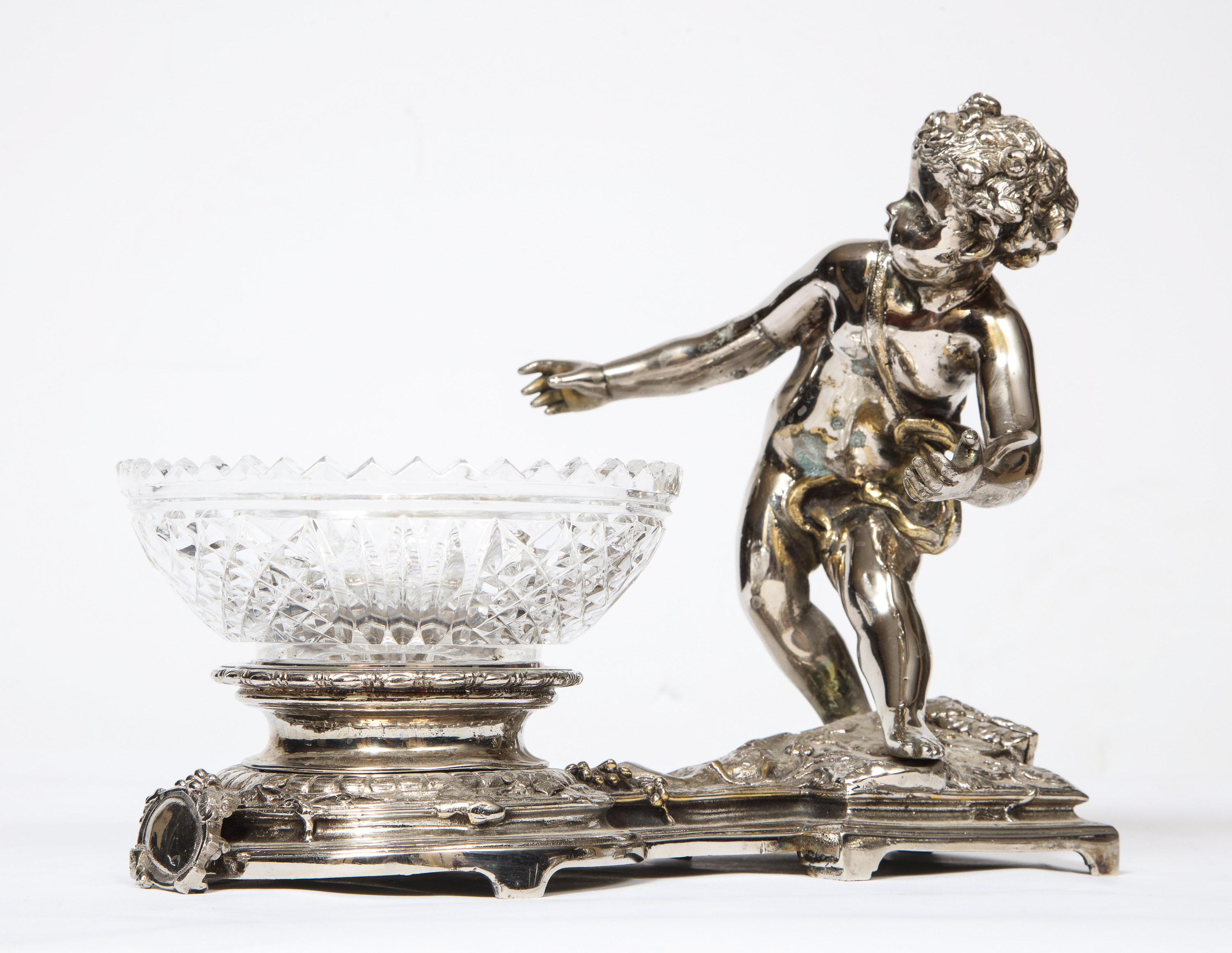 Pair of French Silvered Bronze and Glass Centerpieces with Cherubs 5