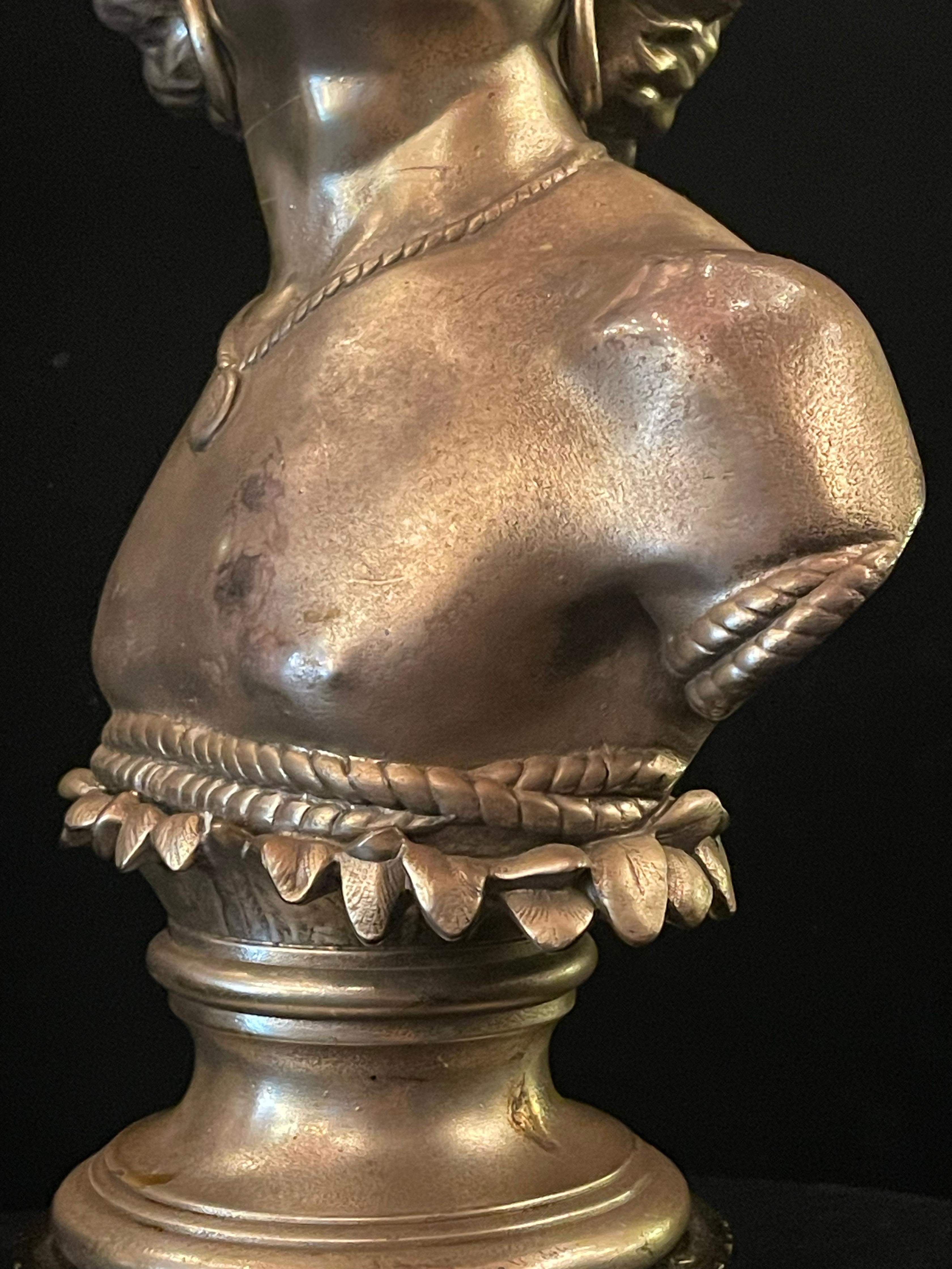 Paire de bustes en bronze argenté représentant le guerrier indien et sa jeune fille en vente 3