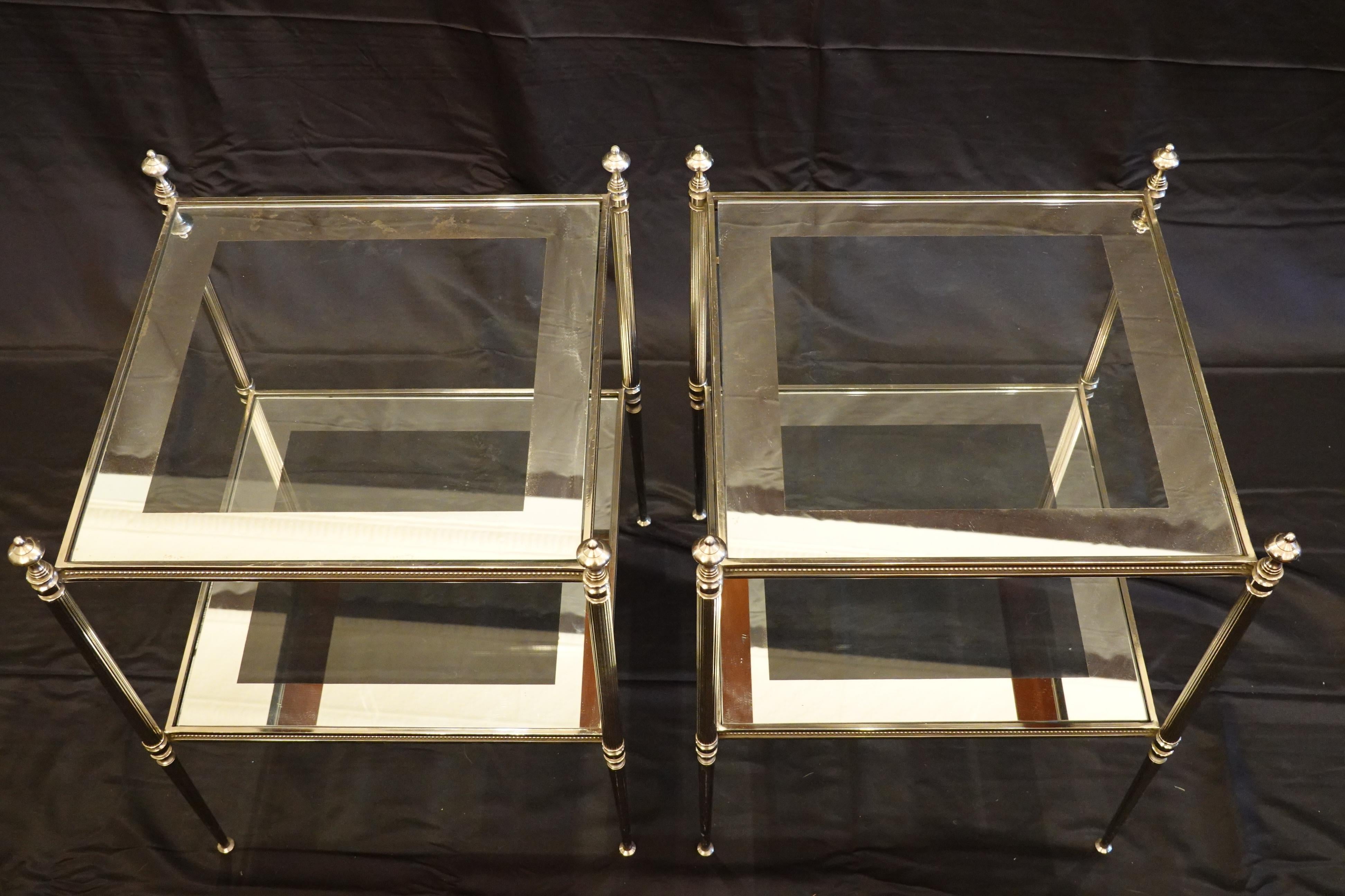 Neoclassical Pair of French Silvered-Bronze Two-Tiered Side Tables with Glass Tops