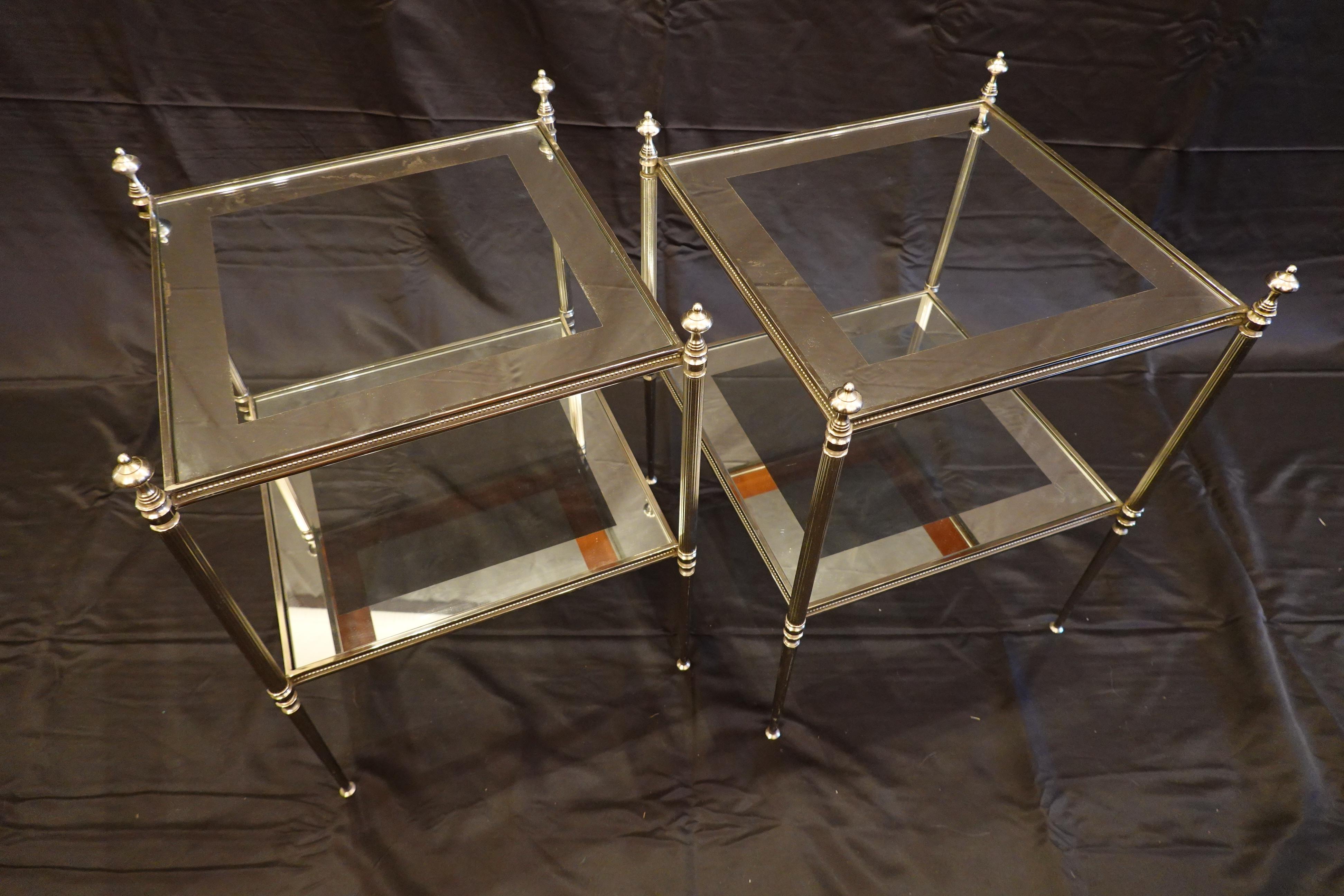 Brushed Pair of French Silvered-Bronze Two-Tiered Side Tables with Glass Tops