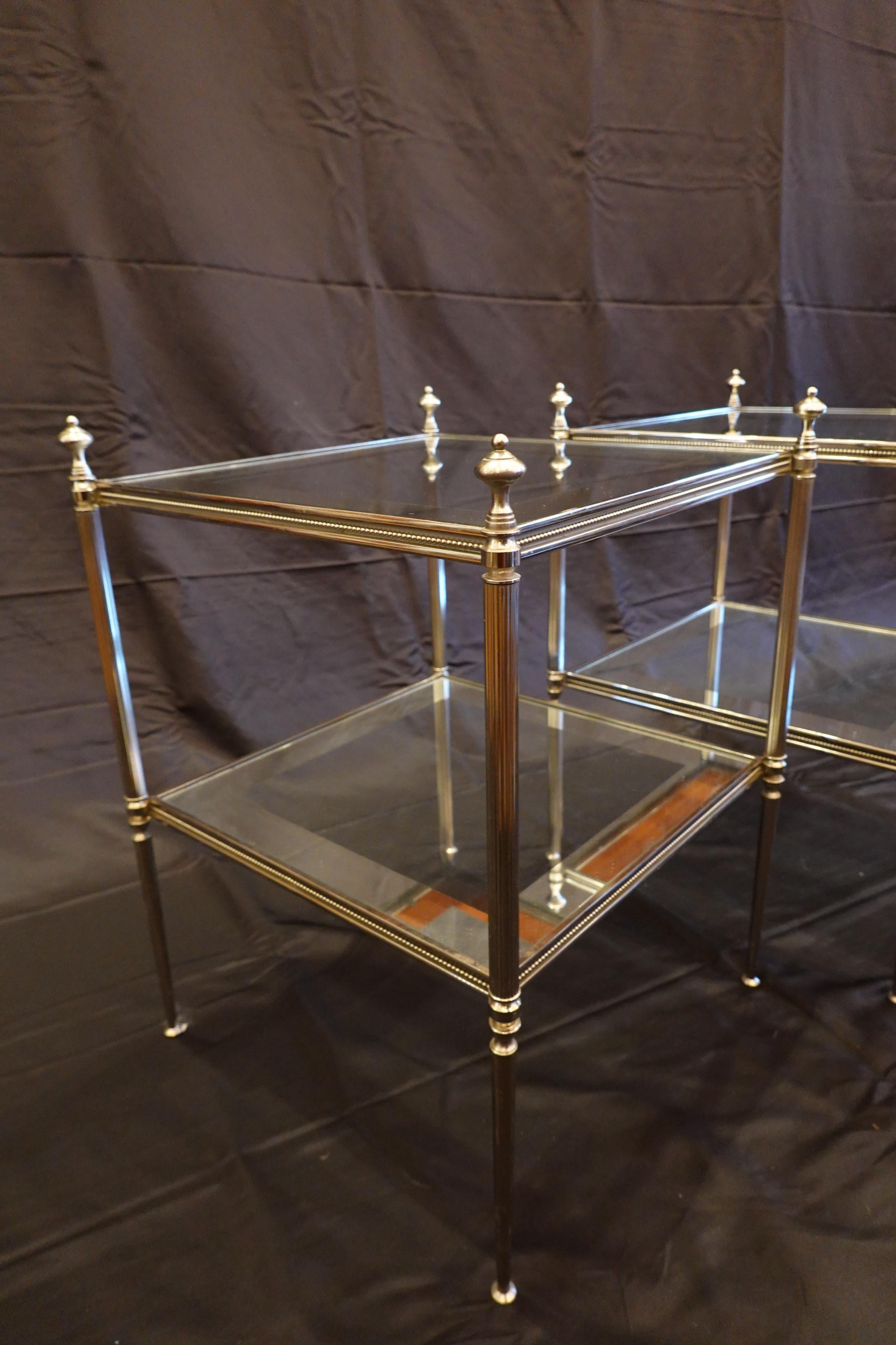 20th Century Pair of French Silvered-Bronze Two-Tiered Side Tables with Glass Tops