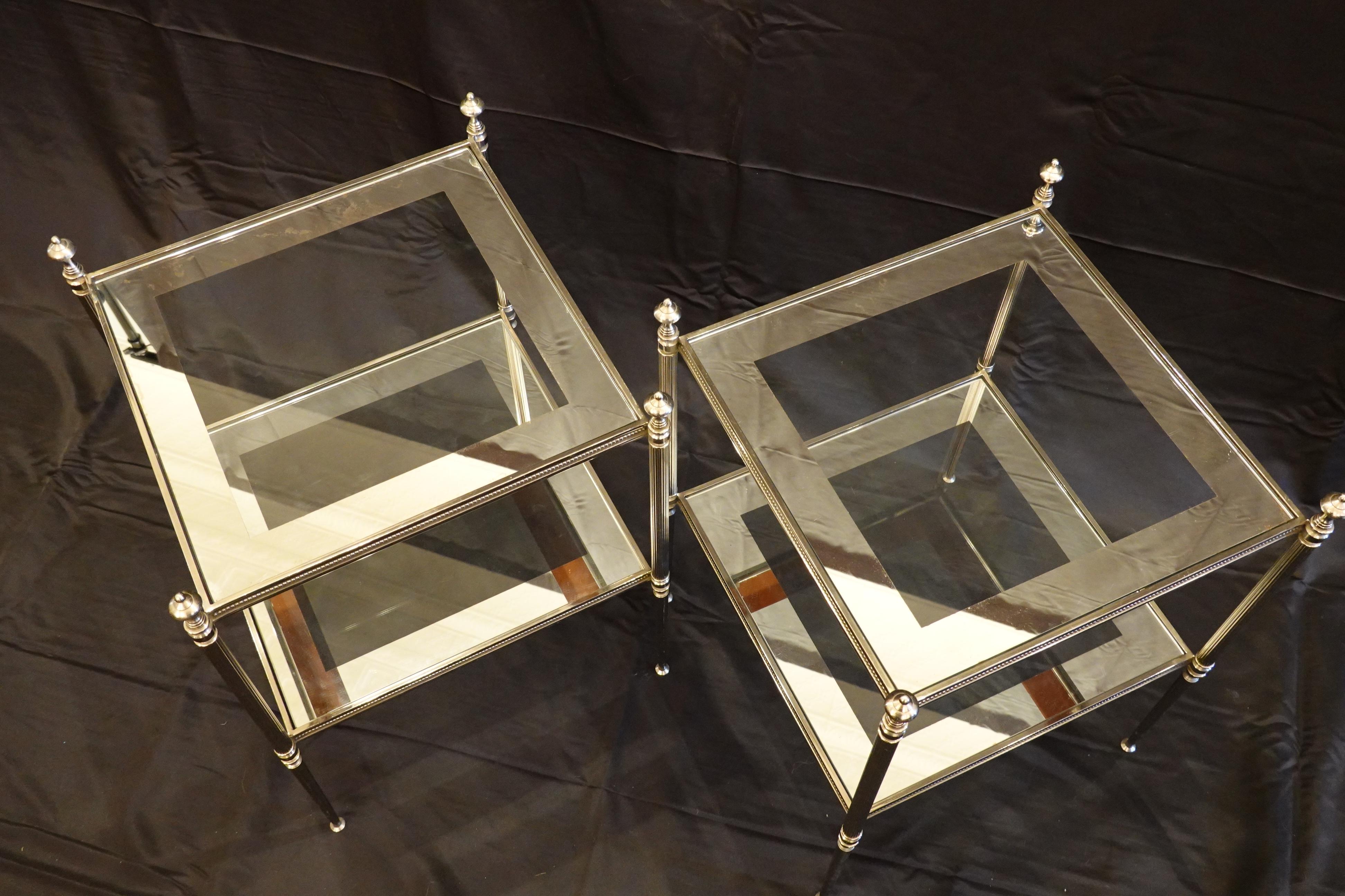Brass Pair of French Silvered-Bronze Two-Tiered Side Tables with Glass Tops