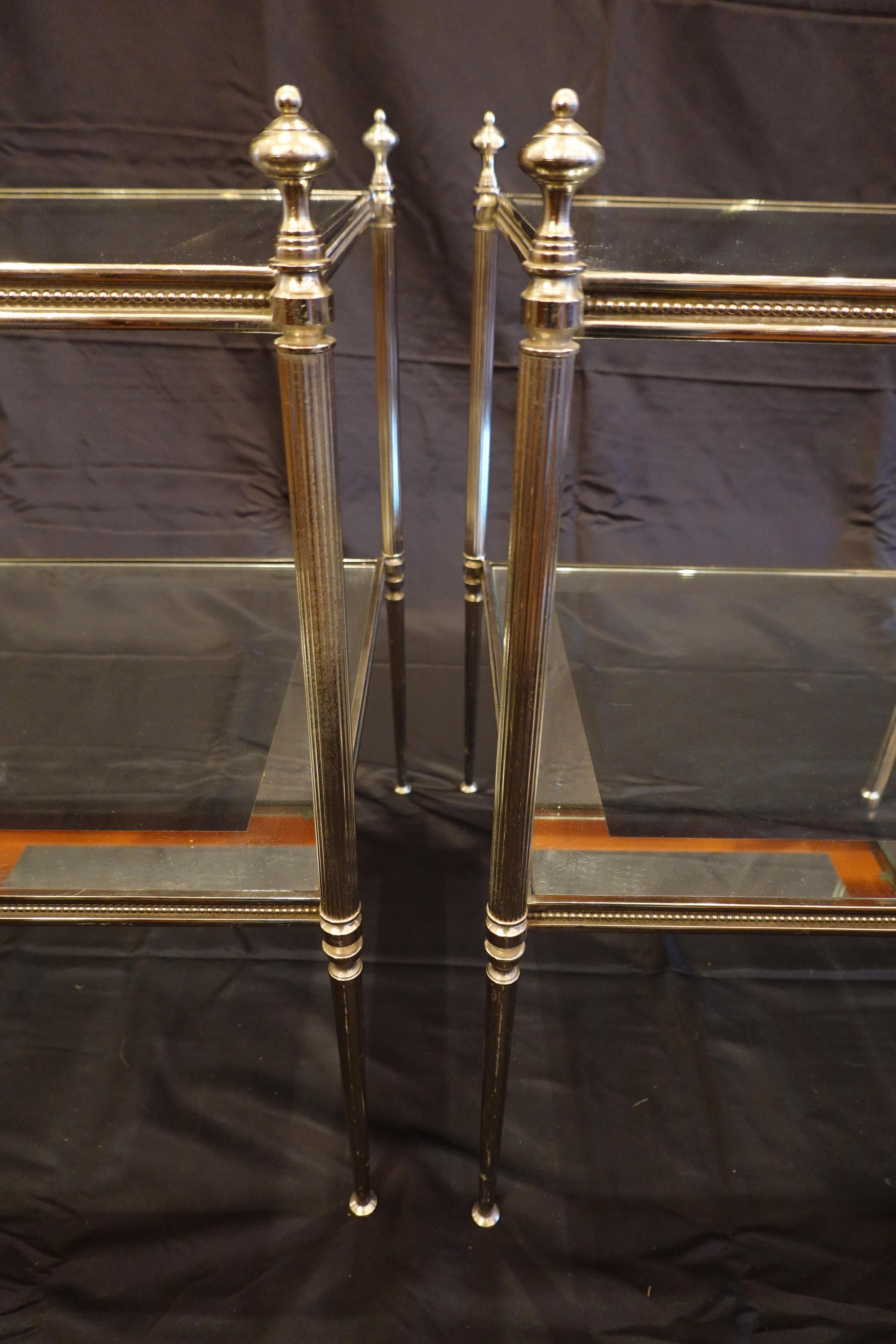 Pair of French Silvered-Bronze Two-Tiered Side Tables with Glass Tops 1