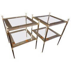 Pair of French Silvered-Bronze Two-Tiered Side Tables with Glass Tops