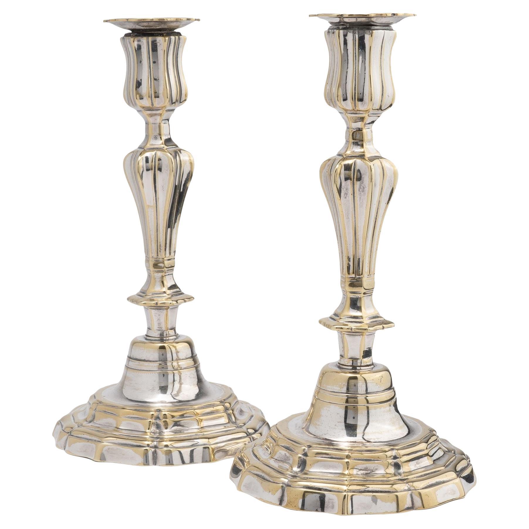 Pair of French Silvered Cast Brass Candlesticks, 1720