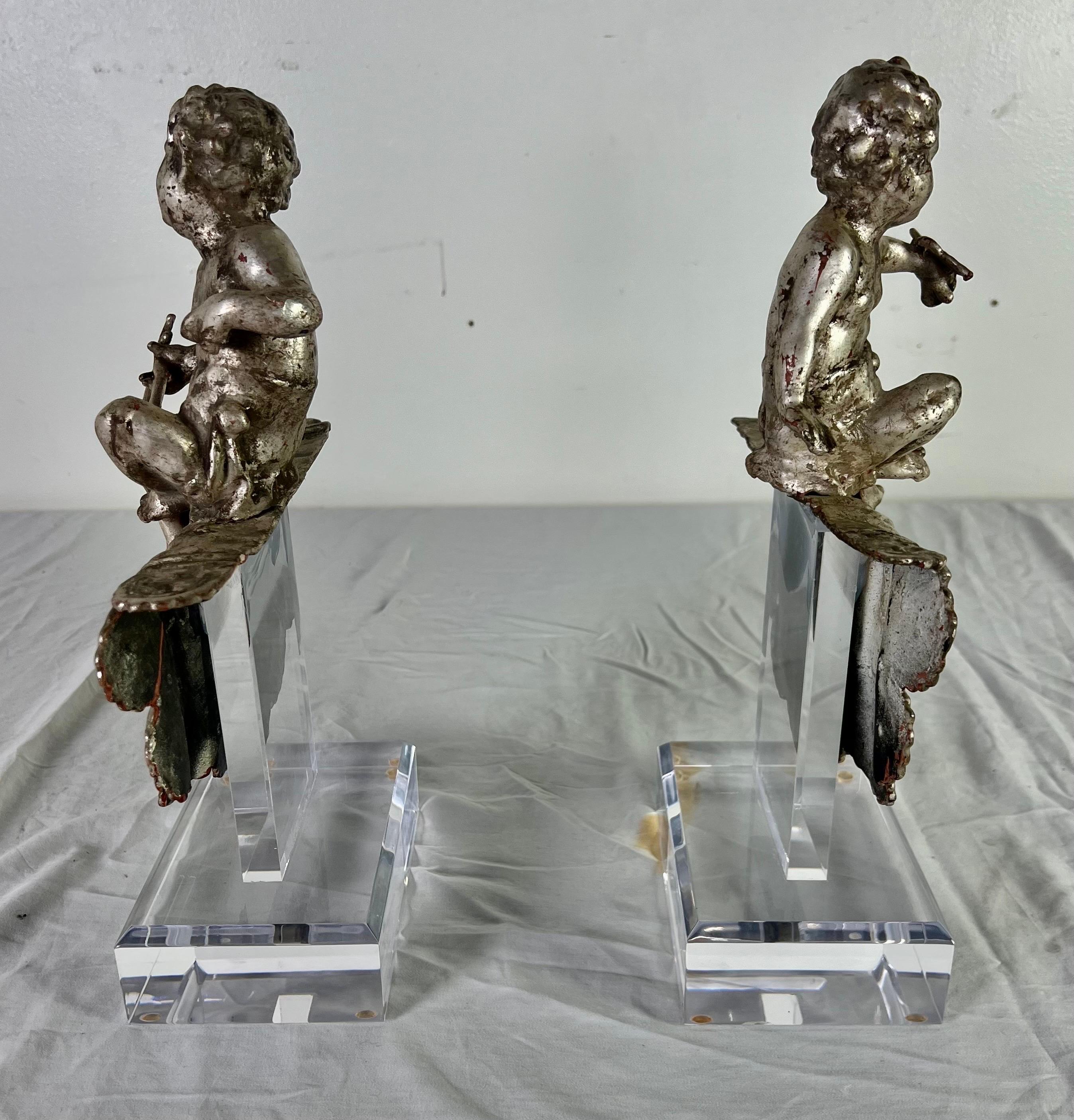 Pair of French Silvered Gilt Metal Cherubs on Lucite Bases For Sale 5