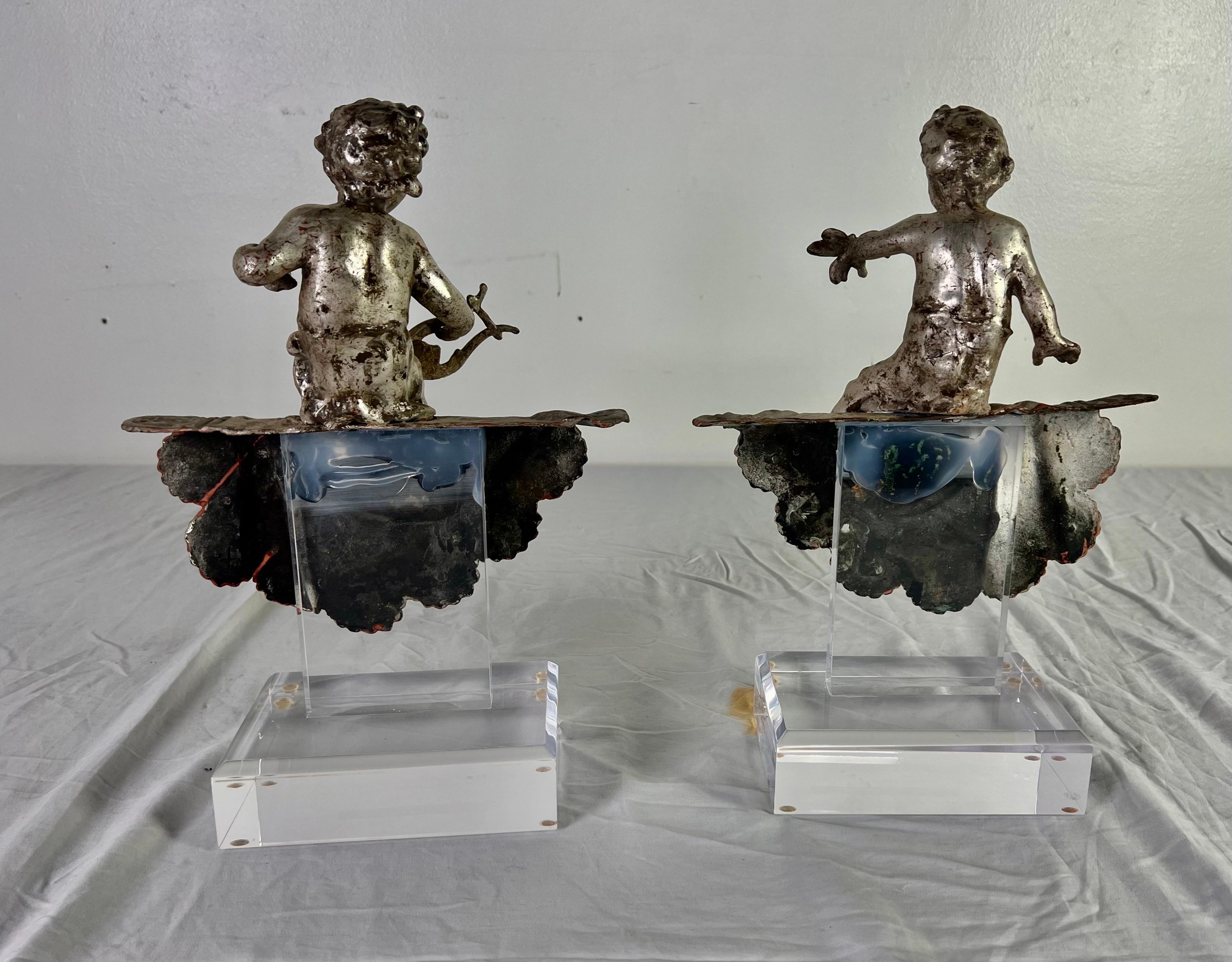 Pair of French Silvered Gilt Metal Cherubs on Lucite Bases For Sale 6