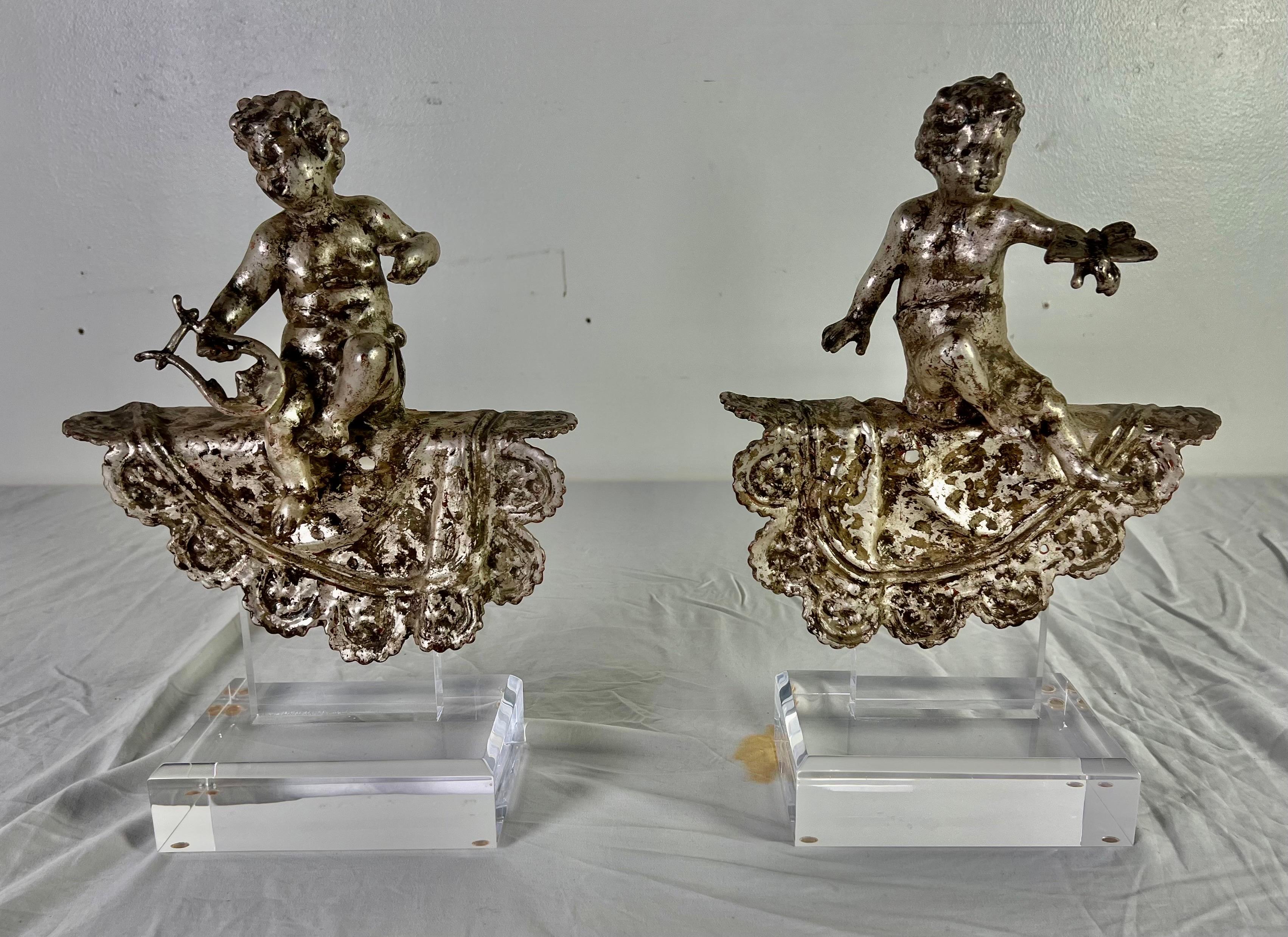 Pair of French Silvered Gilt Metal Cherubs on Lucite Bases For Sale 11