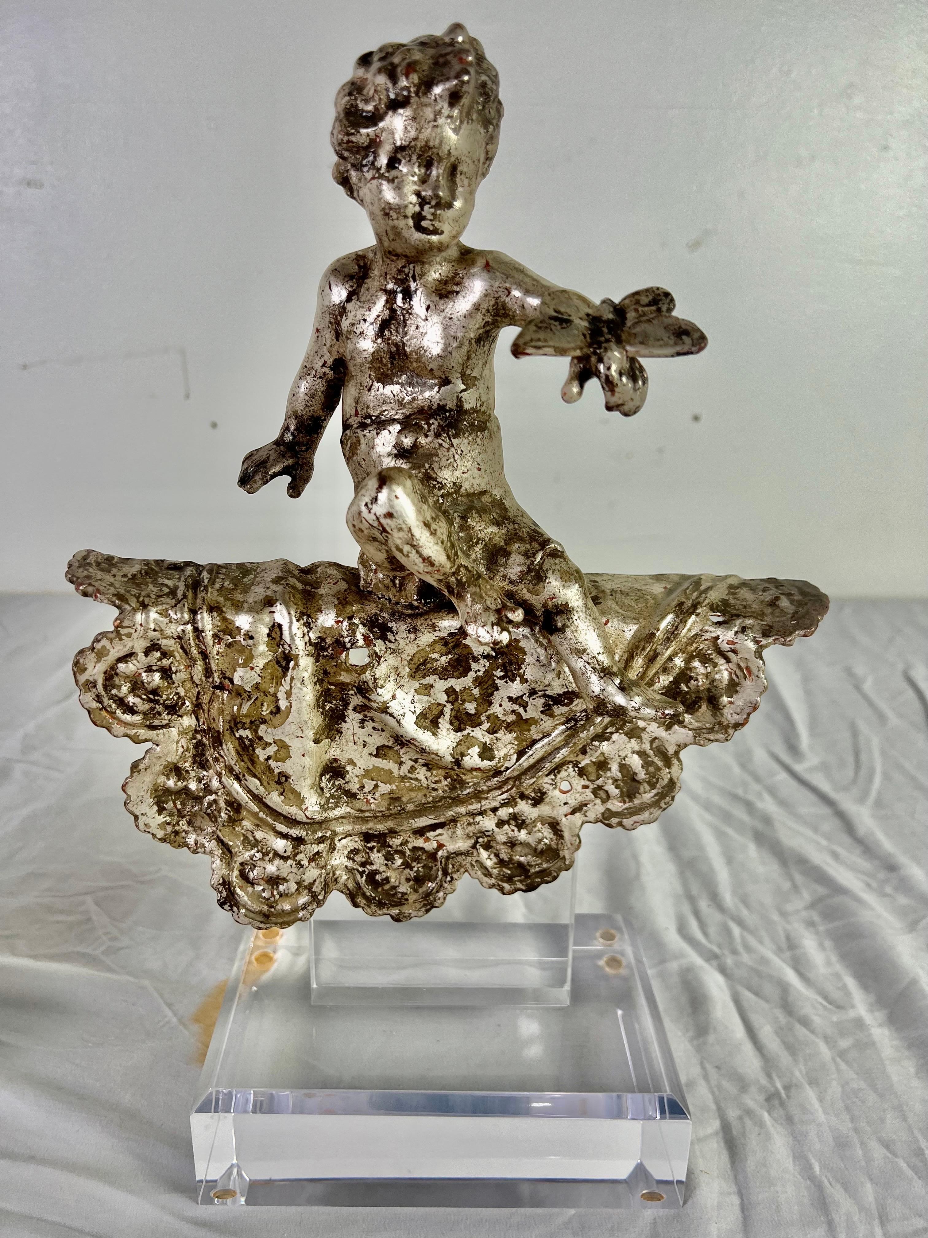 Rococo Pair of French Silvered Gilt Metal Cherubs on Lucite Bases For Sale