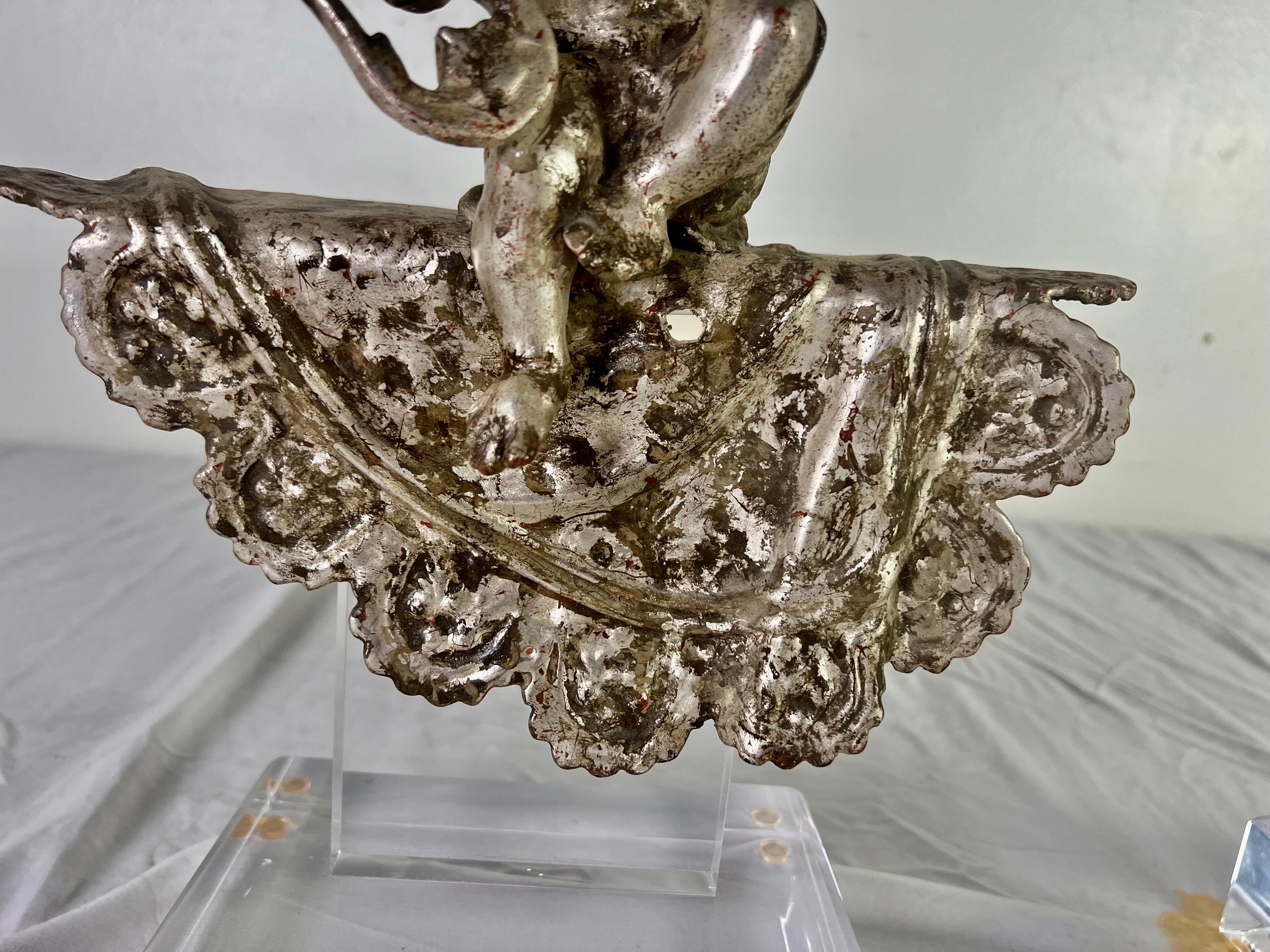 Pair of French Silvered Gilt Metal Cherubs on Lucite Bases For Sale 1