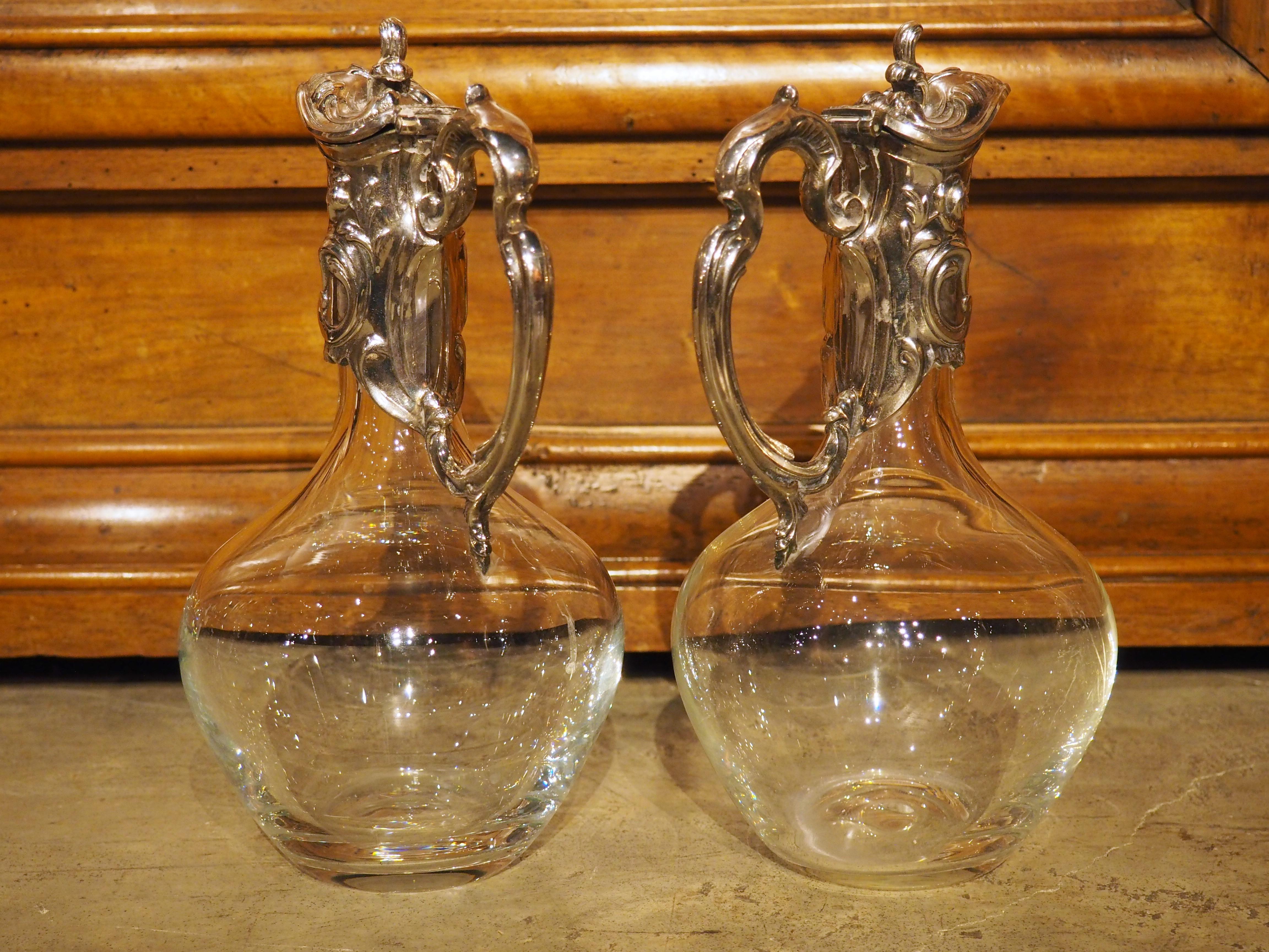Early 20th Century Pair of French Silverplate Mounted Wine Ewers, circa 1920