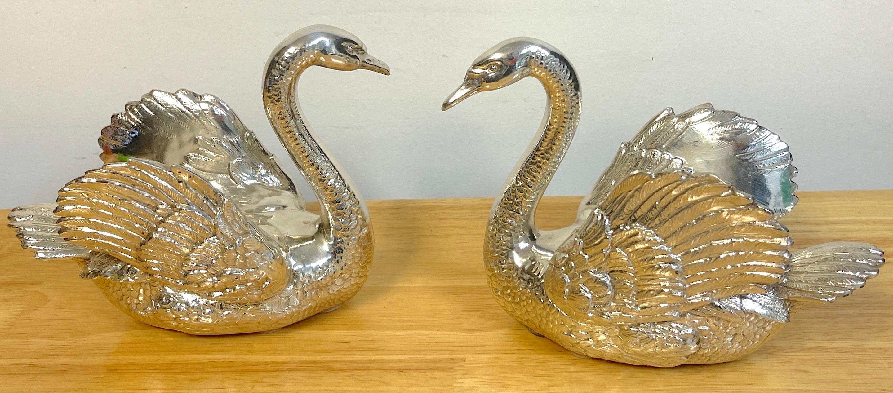 Silvered Pair of French Silverplated Bronze Swans For Sale