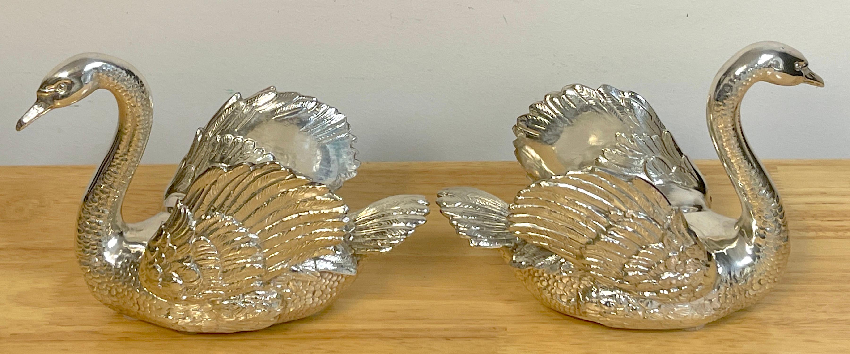 20th Century Pair of French Silverplated Bronze Swans For Sale