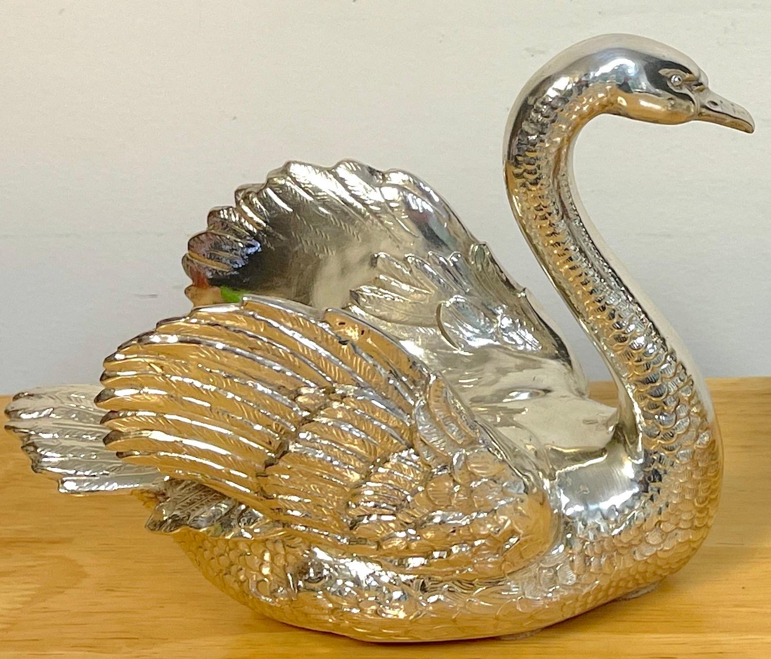 Pair of French Silverplated Bronze Swans For Sale 3