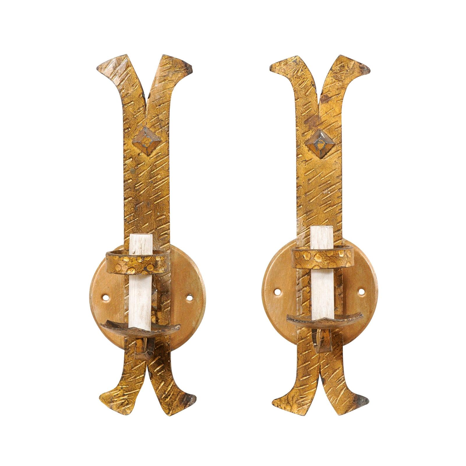 Pair of French Single-Light Gold-Tone Iron Sconces with Textured Finish For Sale