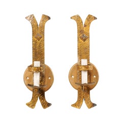 Pair of French Iron Sconces--Single-Light, Gold-Tone with Textured Finish