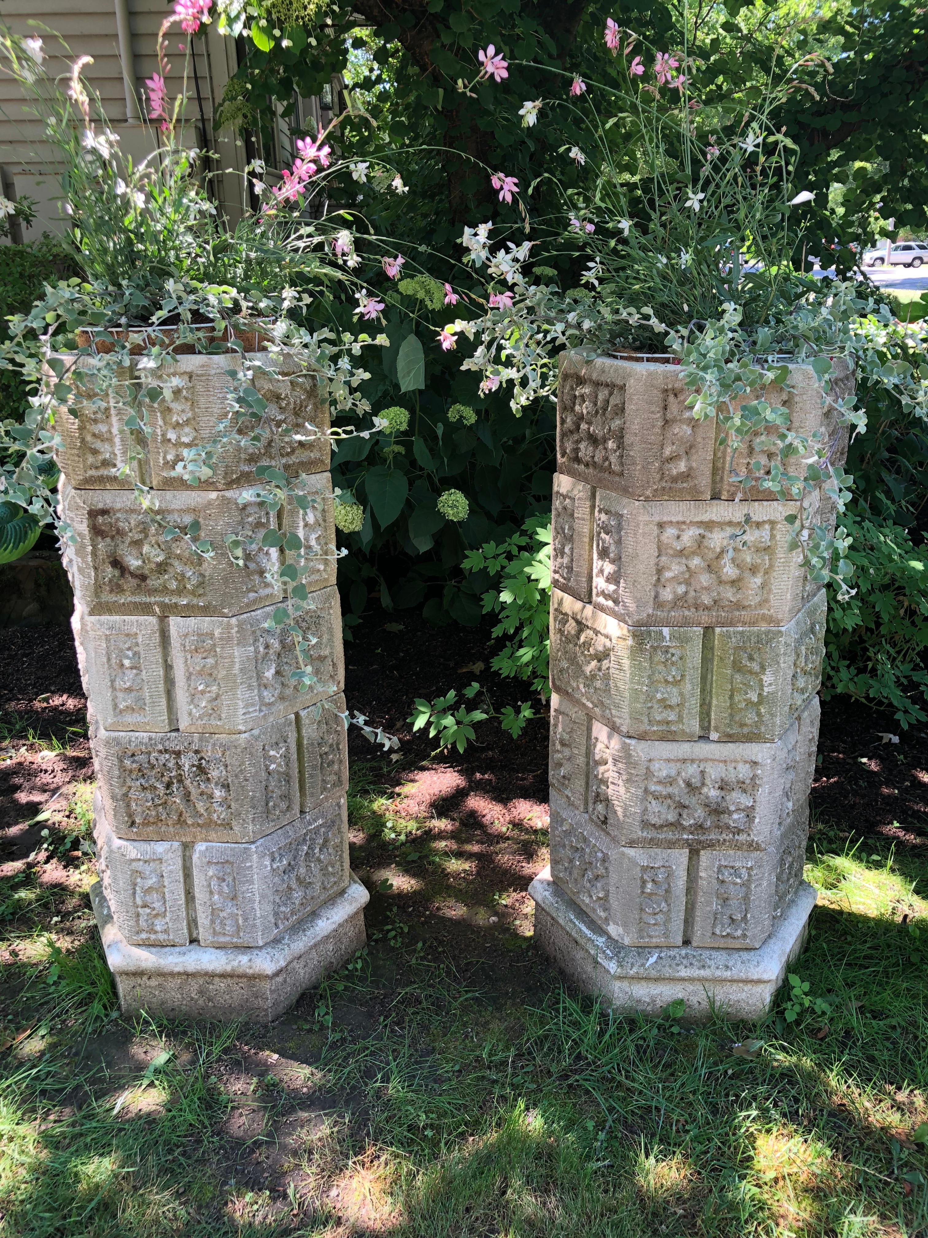 Pair of French Six-Tier Stackable Octagonal Cast Stone Planters For Sale 13