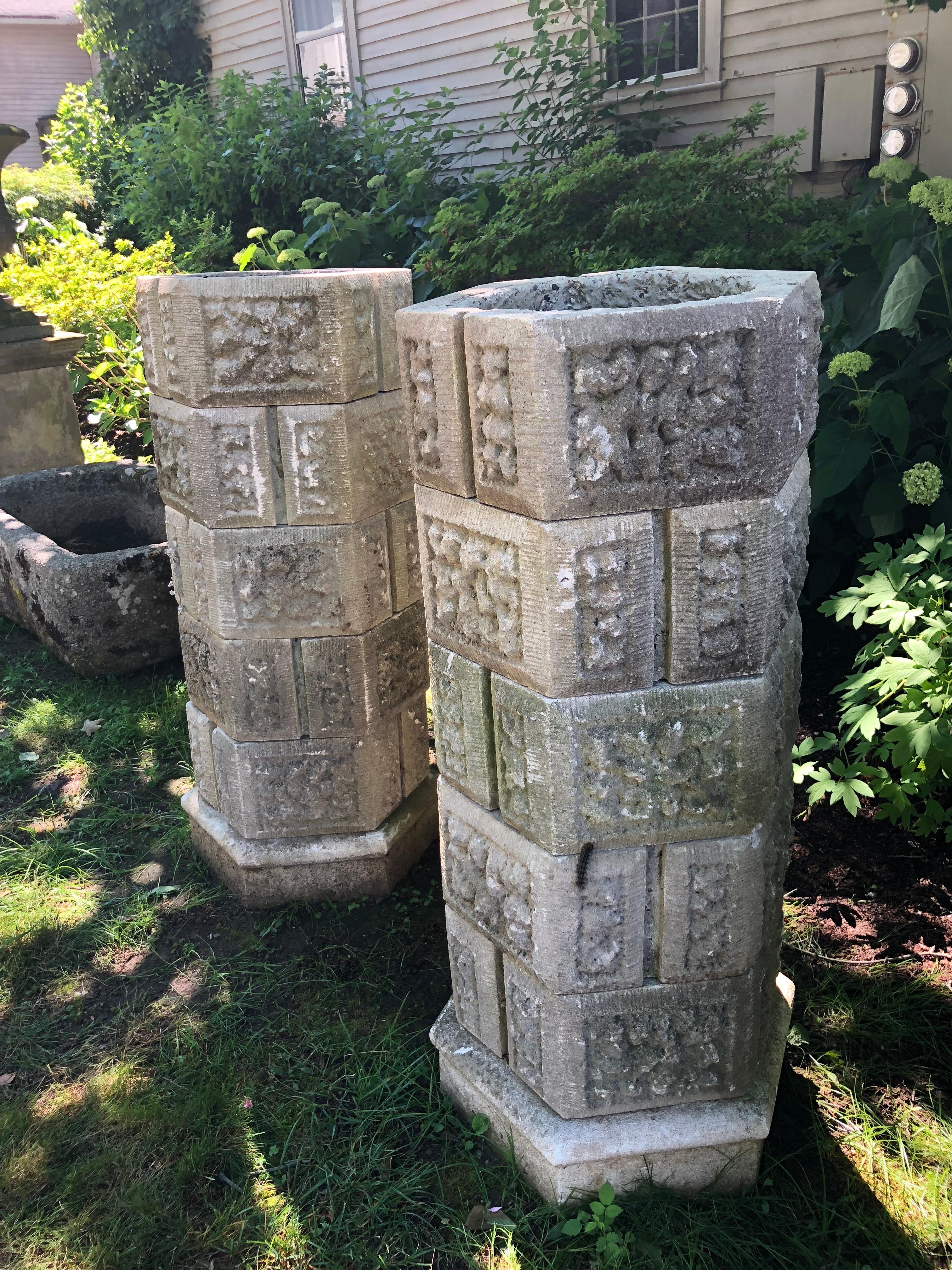 Pair of French Six-Tier Stackable Octagonal Cast Stone Planters In Good Condition For Sale In Woodbury, CT