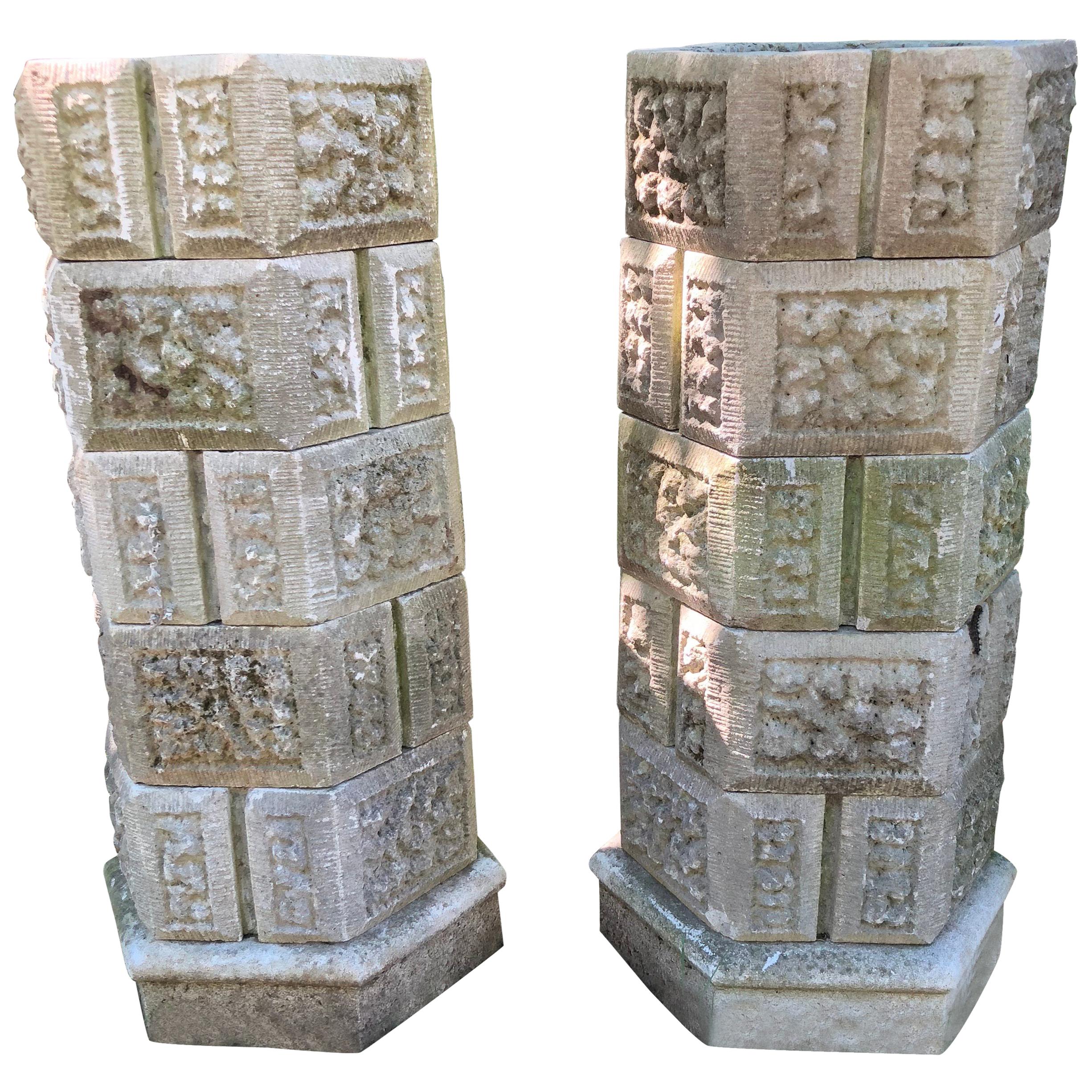 Pair of French Six-Tier Stackable Octagonal Cast Stone Planters For Sale