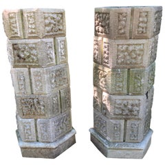 Retro Pair of French Six-Tier Stackable Octagonal Cast Stone Planters