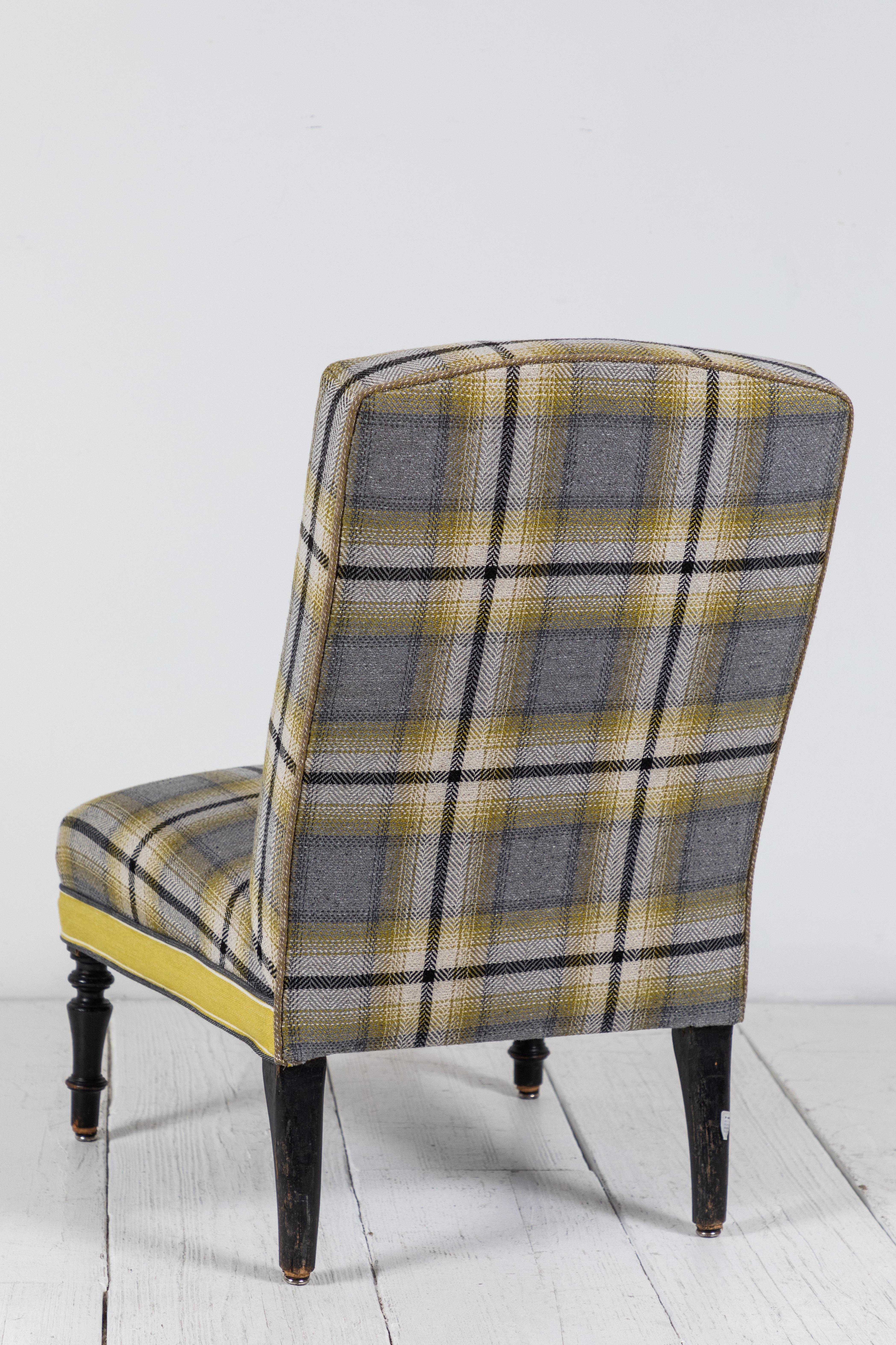 Pair of French Slipper Chairs in Yellow and Grey Plaid In Excellent Condition In Los Angeles, CA