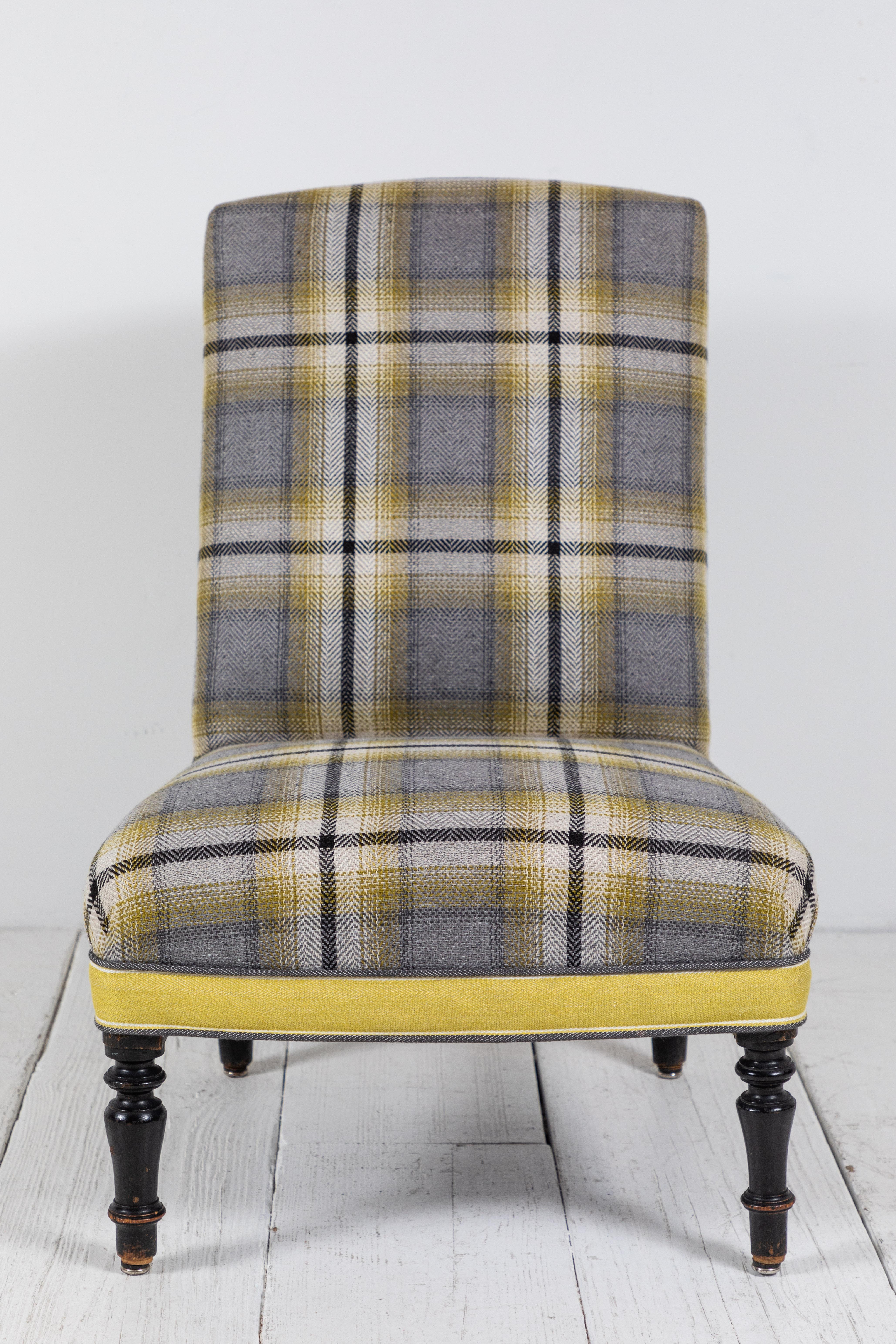 20th Century Pair of French Slipper Chairs in Yellow and Grey Plaid