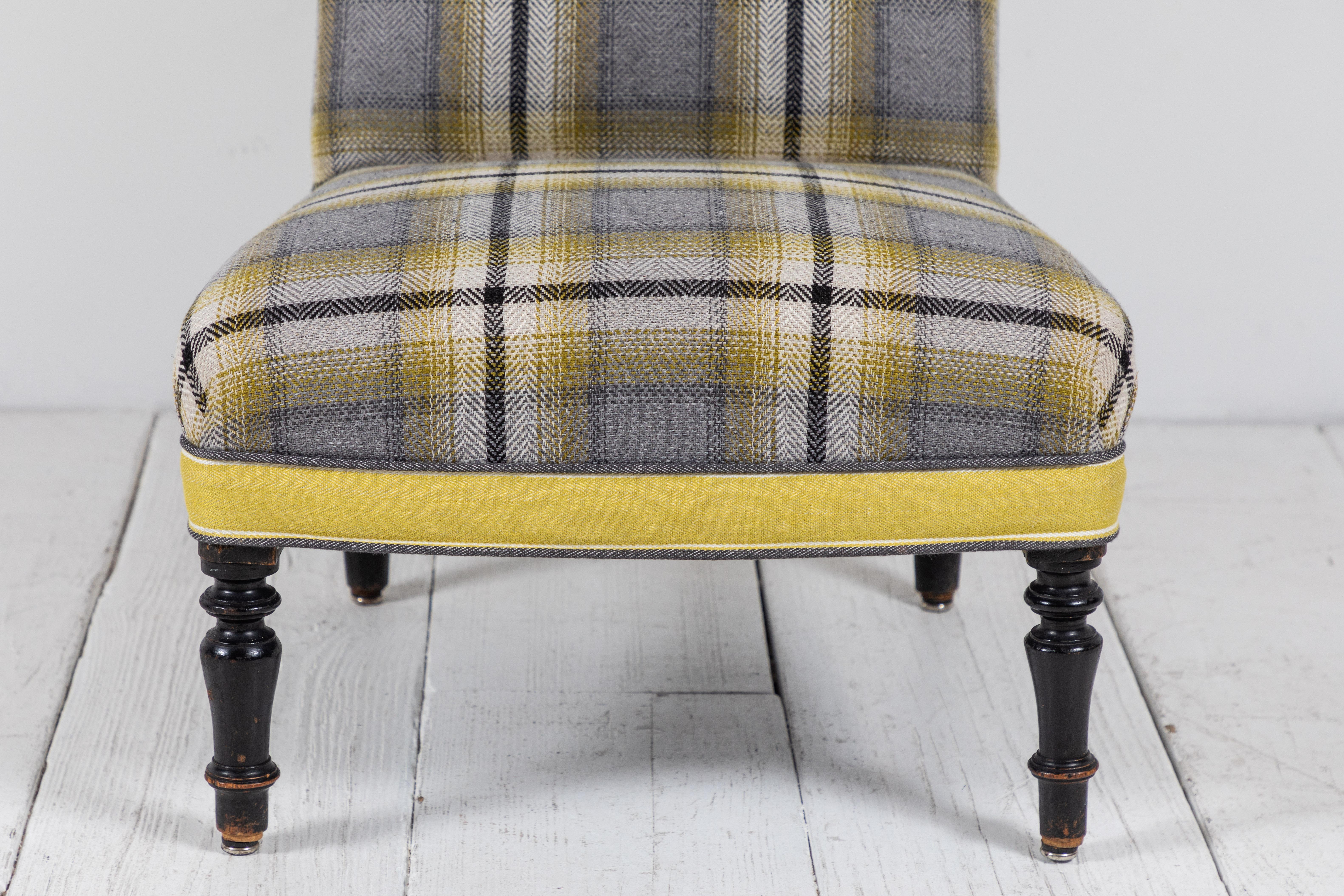 Pair of French Slipper Chairs in Yellow and Grey Plaid 2