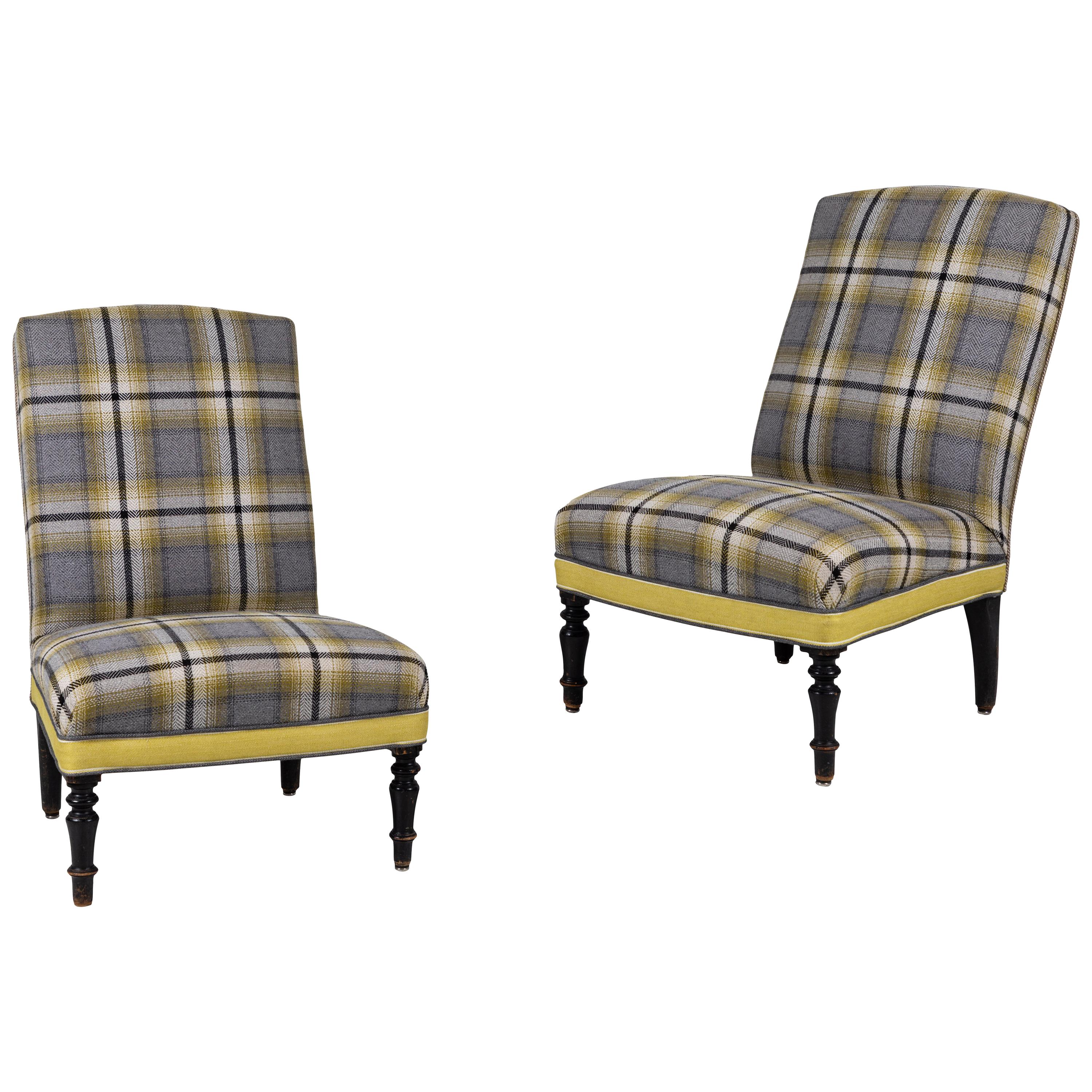 Pair of French Slipper Chairs in Yellow and Grey Plaid