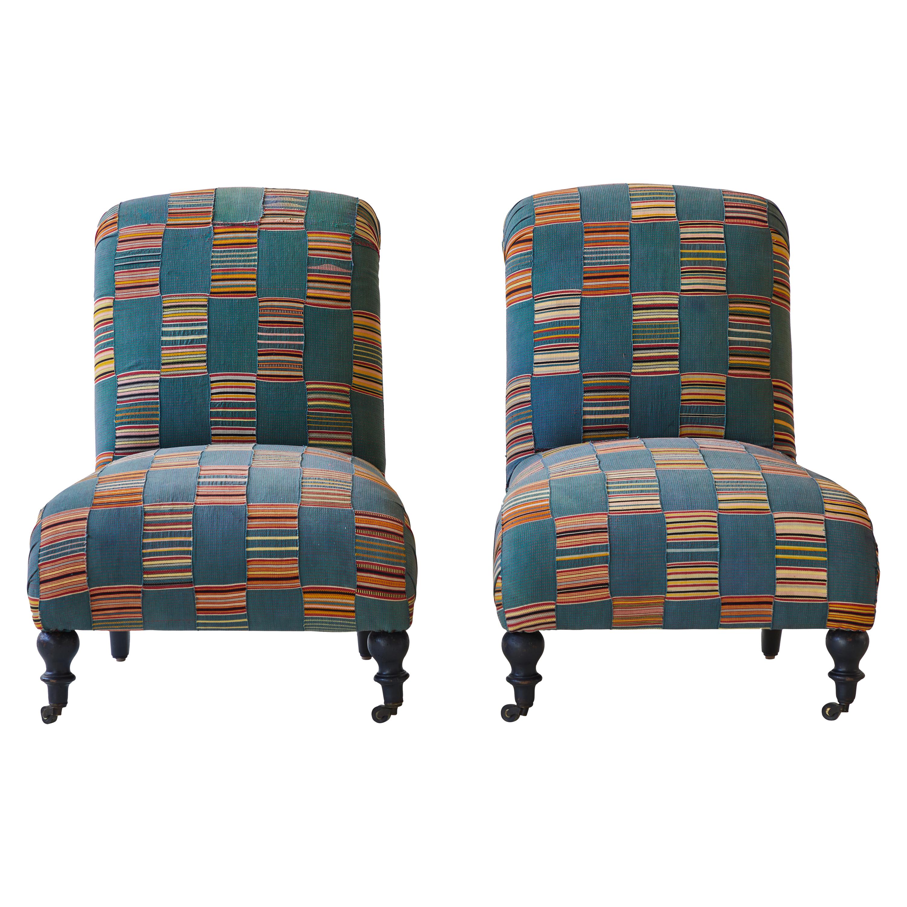 Pair of French Slipper Chairs Upholstered in West African Fabric