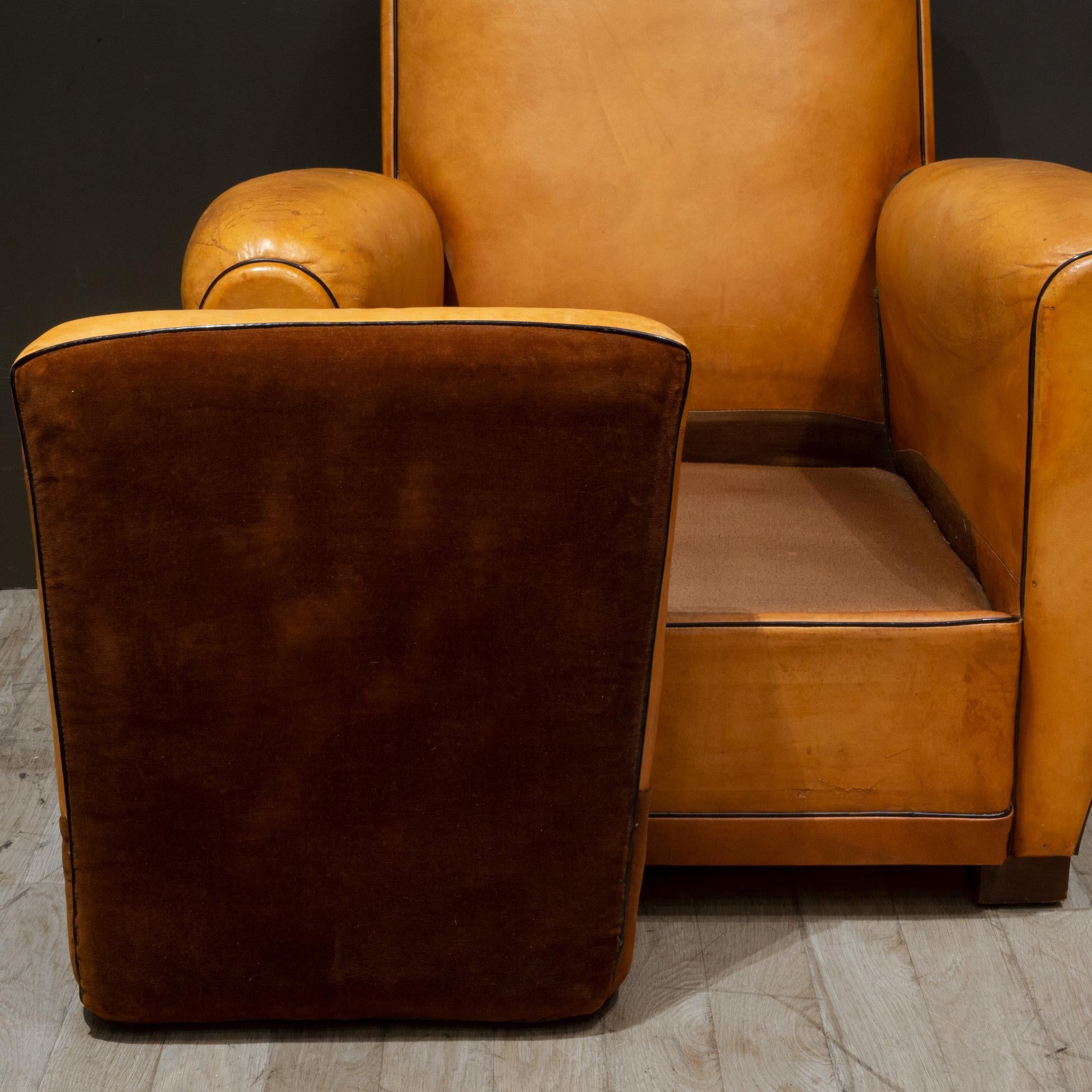 Pair of French Slopeback Light Caramel Leather Club Chairs c.1930-1940 For Sale 5