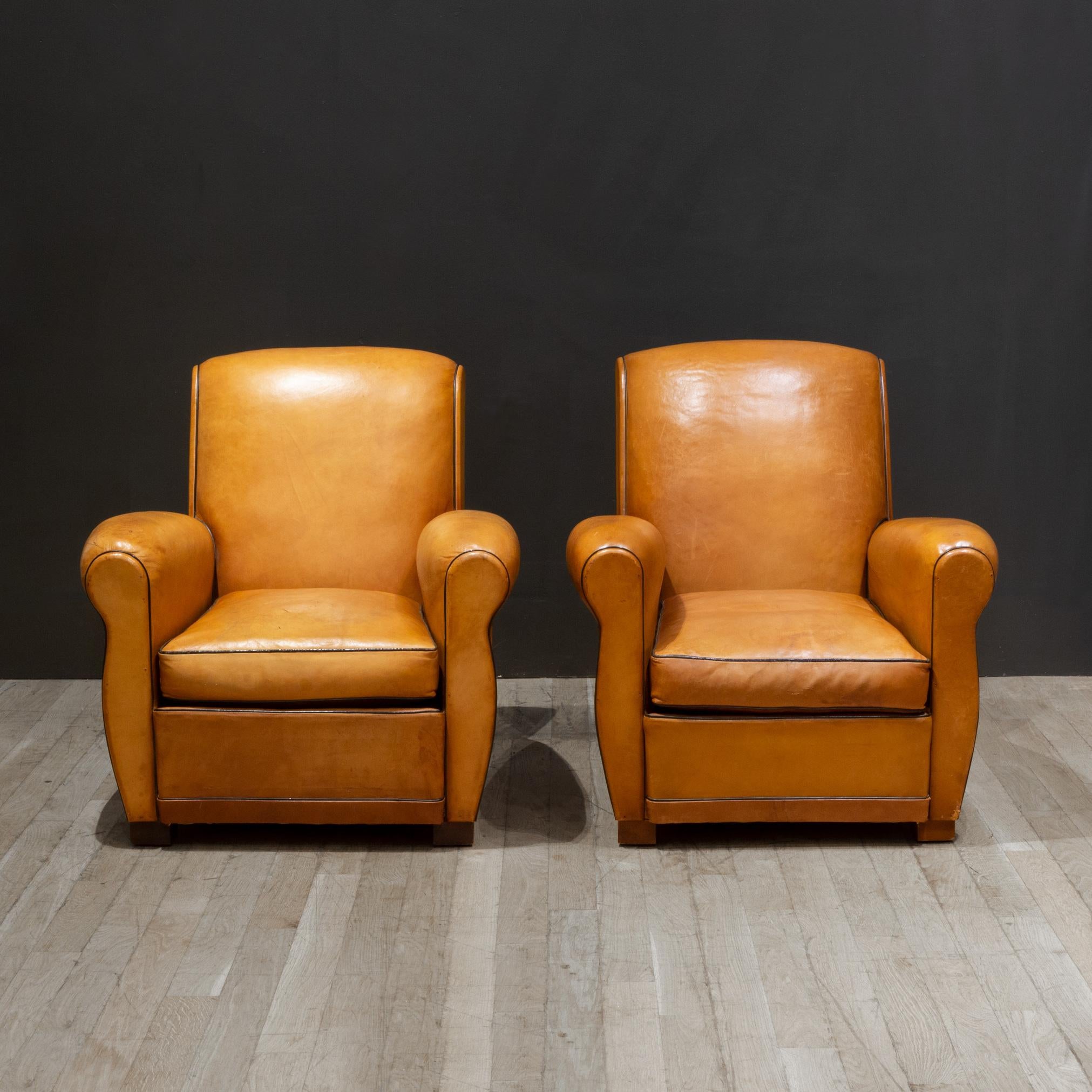 Industrial Pair of French Slopeback Light Caramel Leather Club Chairs c.1930-1940 For Sale