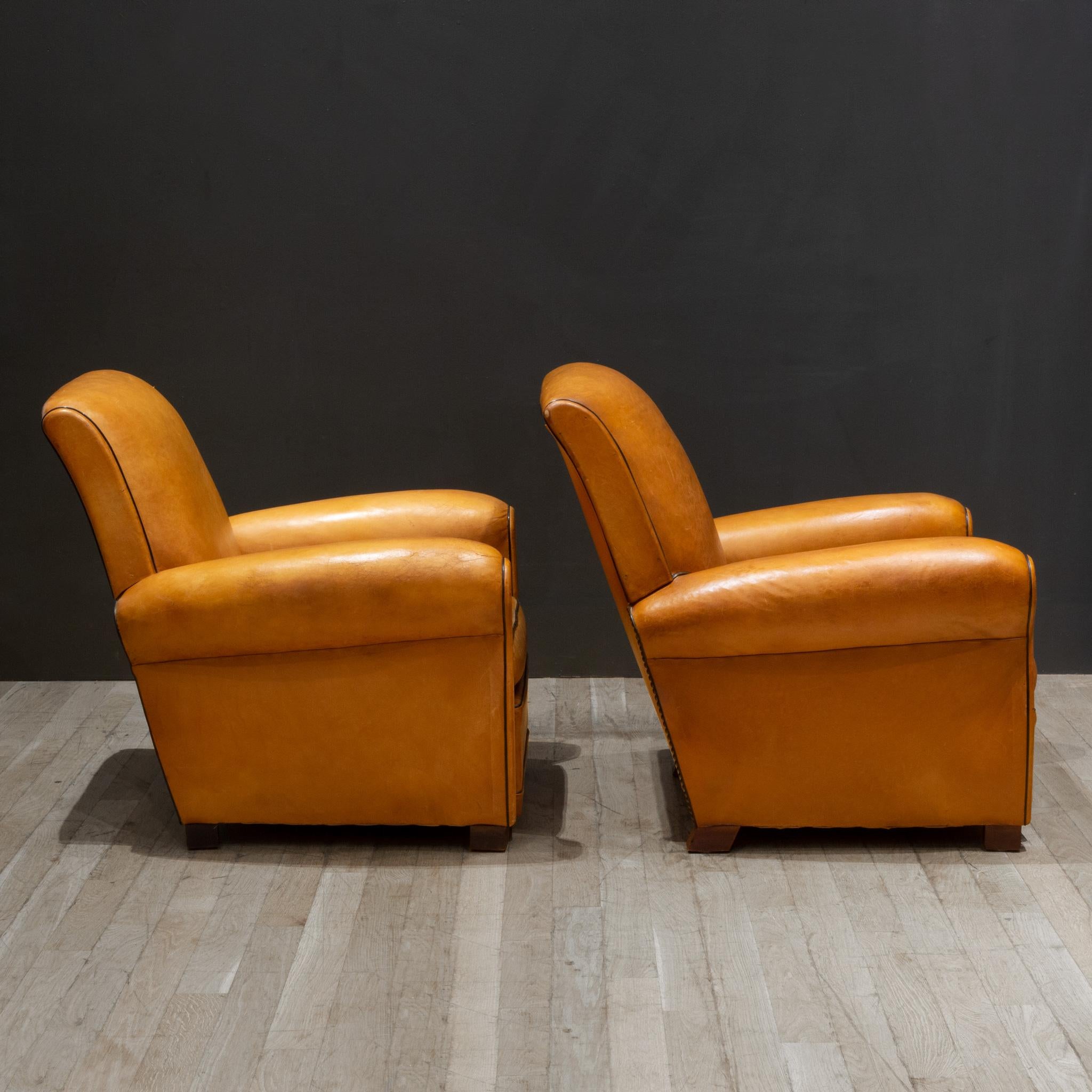 Pair of French Slopeback Light Caramel Leather Club Chairs c.1930-1940 In Good Condition For Sale In San Francisco, CA