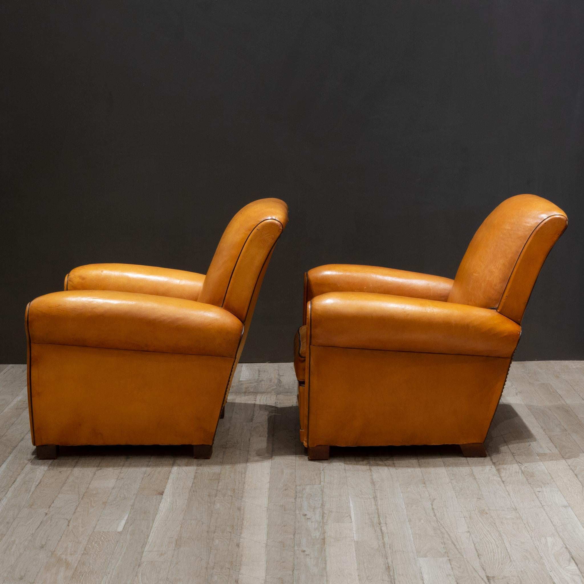 Metal Pair of French Slopeback Light Caramel Leather Club Chairs c.1930-1940 For Sale