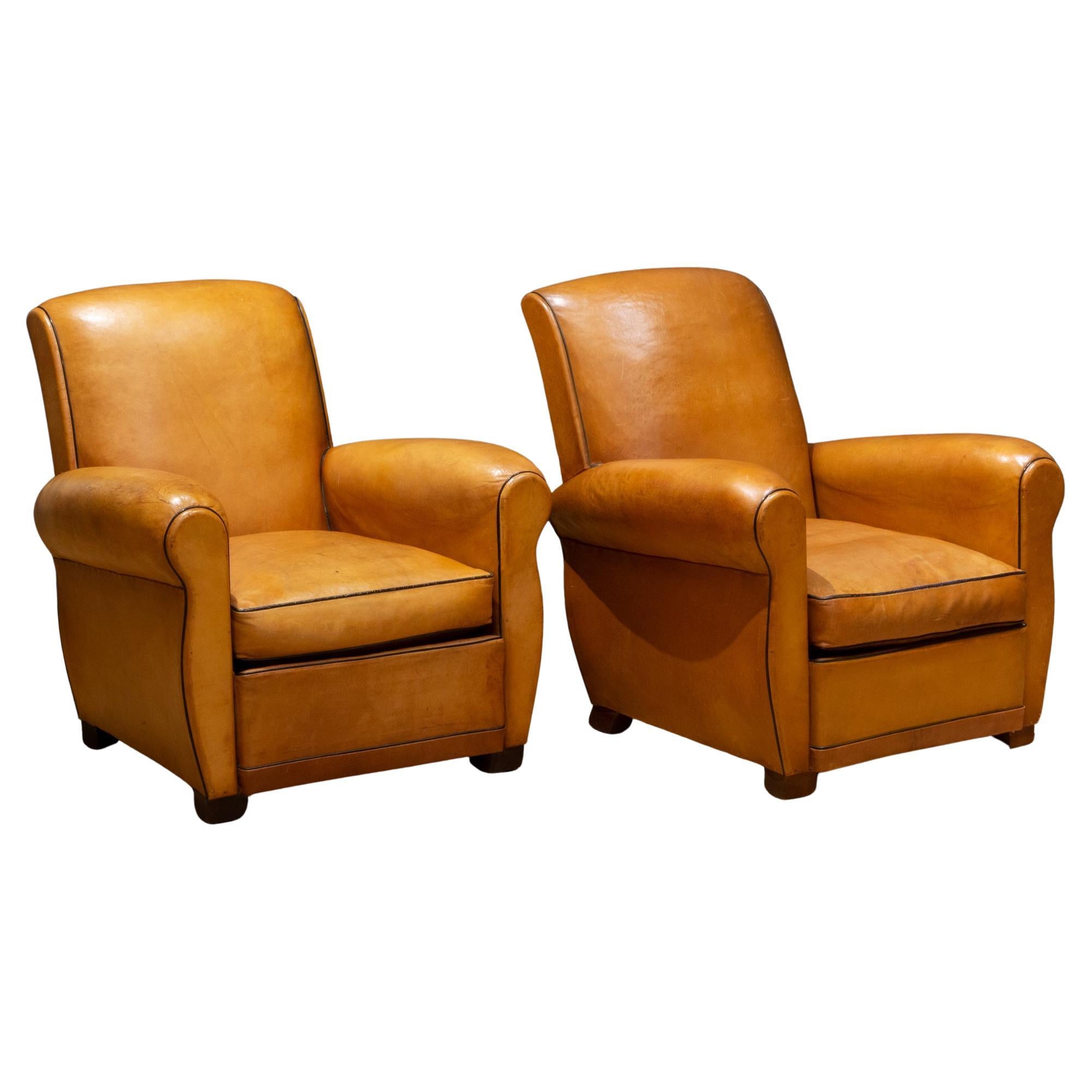 Pair of French Slopeback Light Caramel Leather Club Chairs c.1930-1940 For Sale