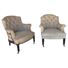 Antique Pair of French Small Scale Napoleon III Armchairs with Diamond Tufting