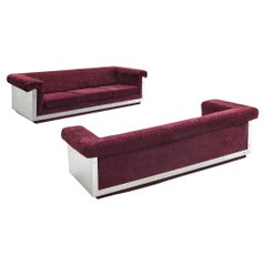 Pair of French Sofas in Stainless Steel and Burgundy Velvet Upholstery