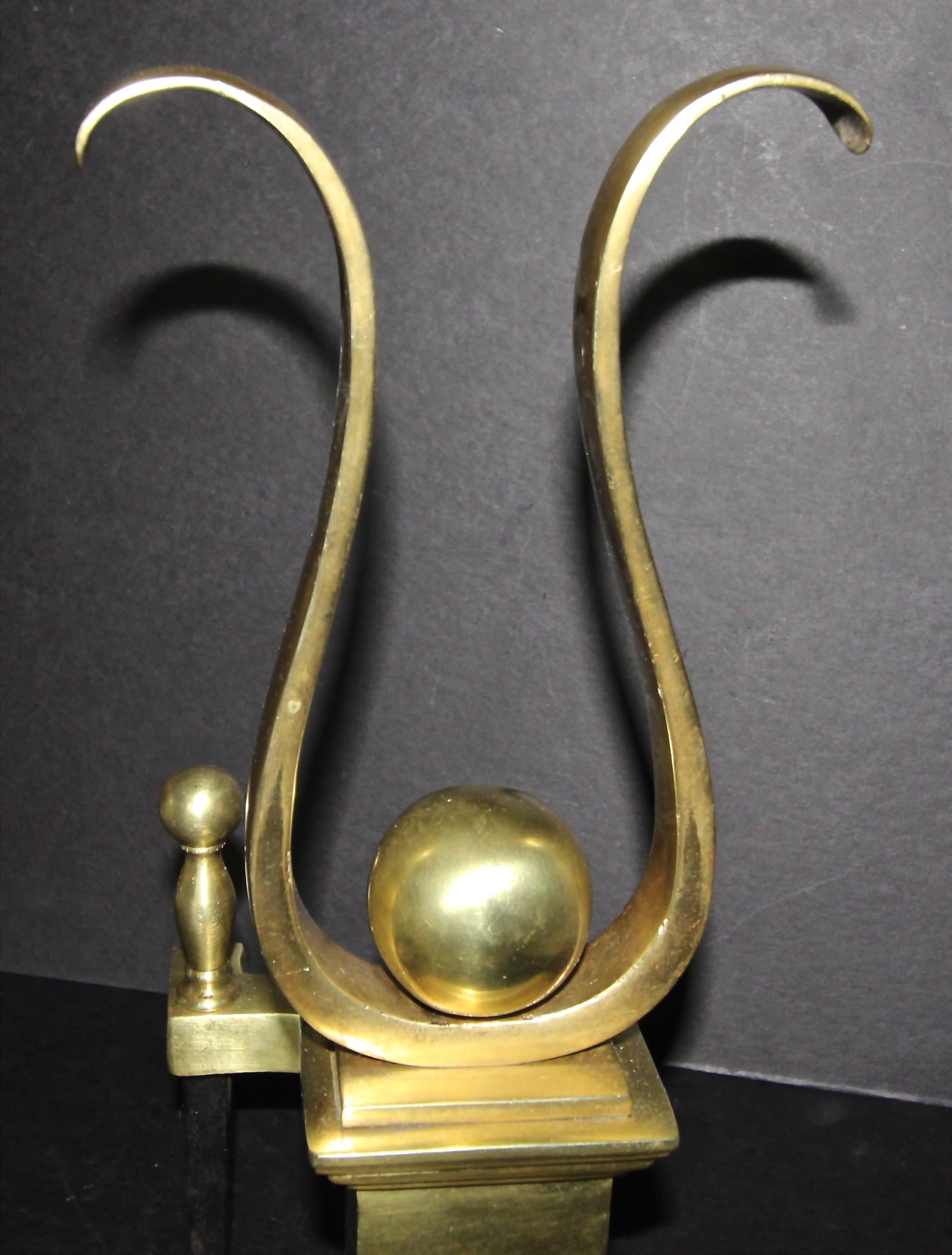 Pair of French Solid Brass Lyre Shape Andirons 8