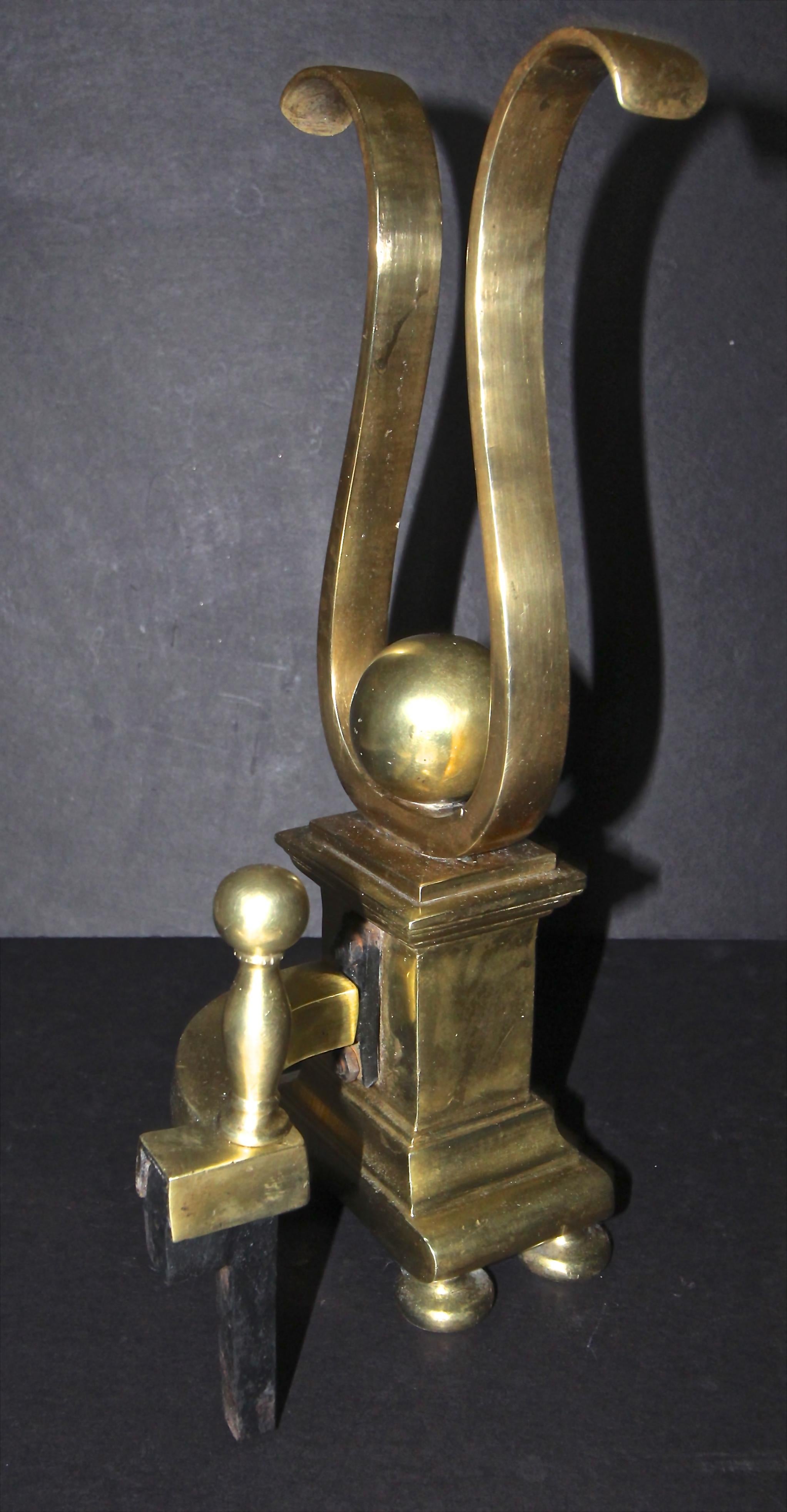 Pair of French Solid Brass Lyre Shape Andirons 10