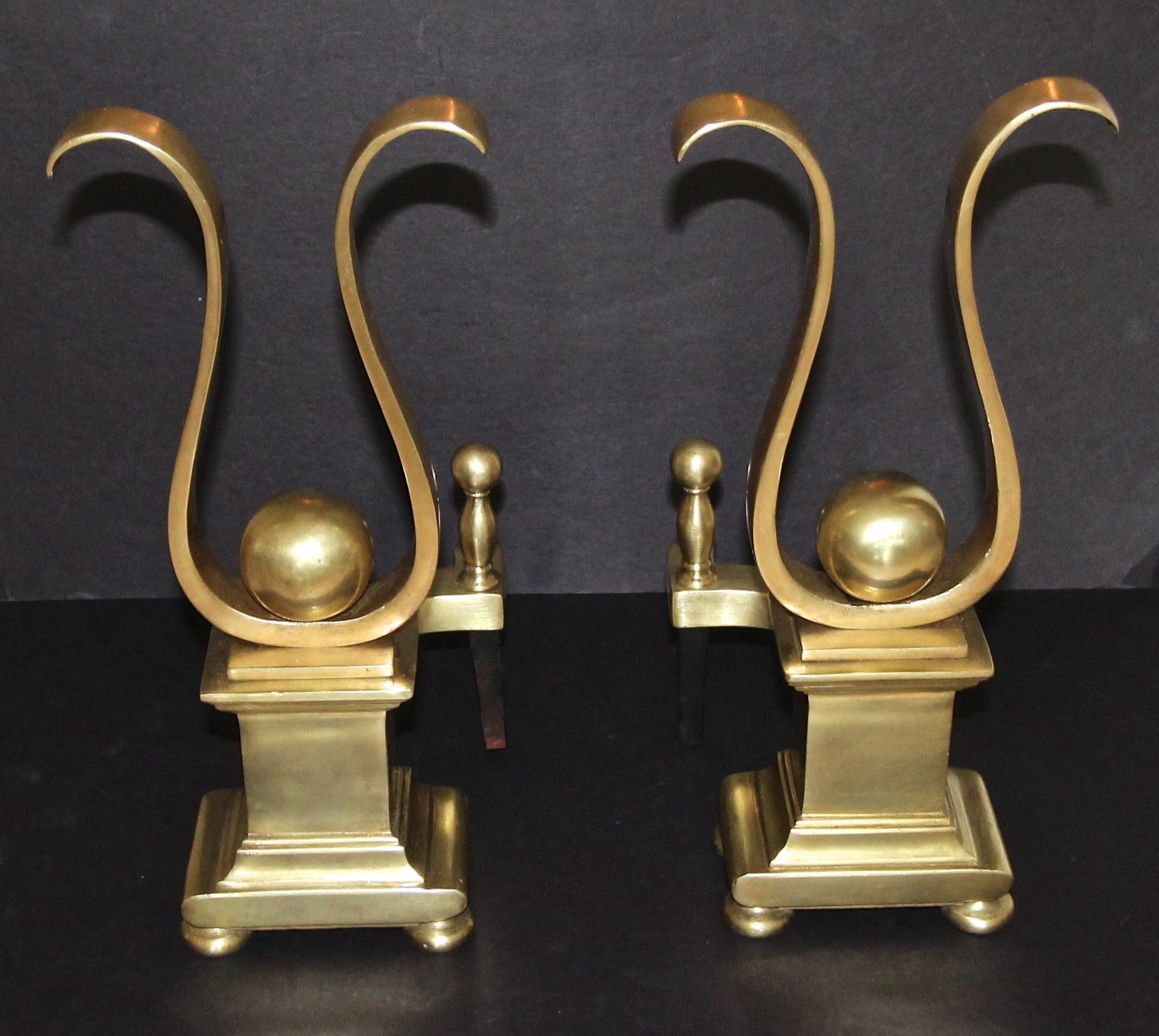 Pair of French Solid Brass Lyre Shape Andirons 11