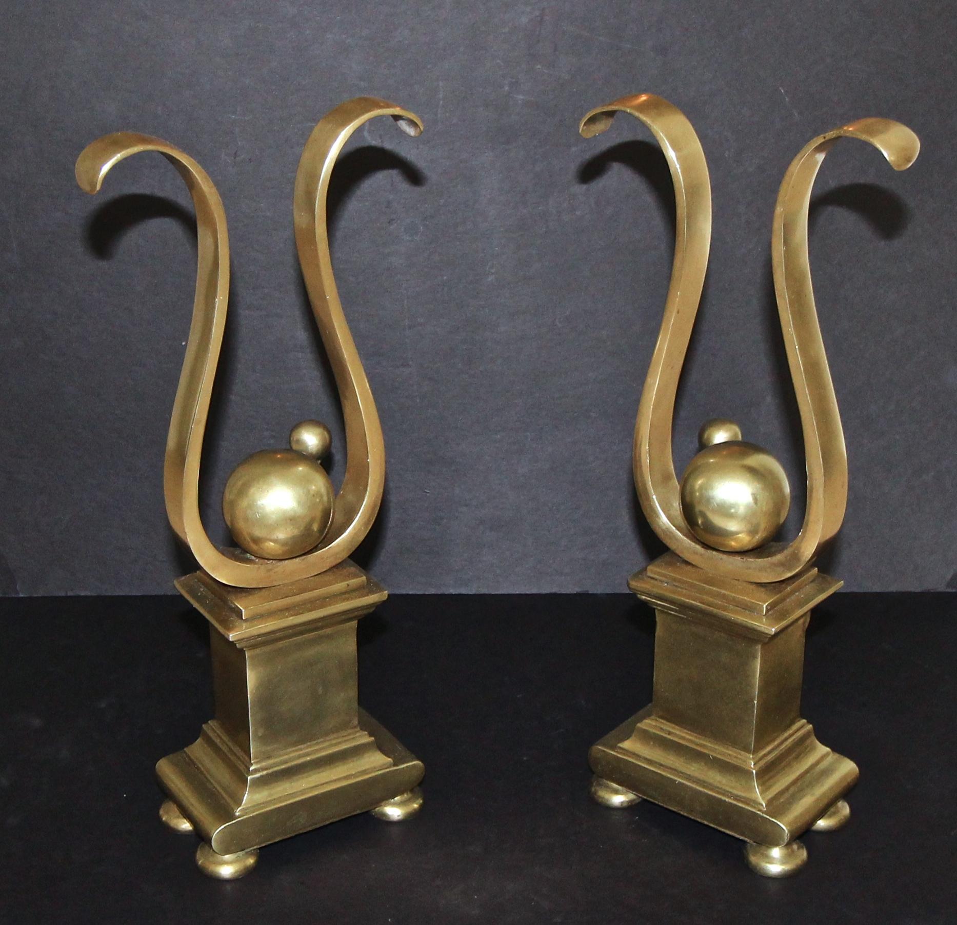 Pair of French Solid Brass Lyre Shape Andirons In Good Condition In Palm Springs, CA