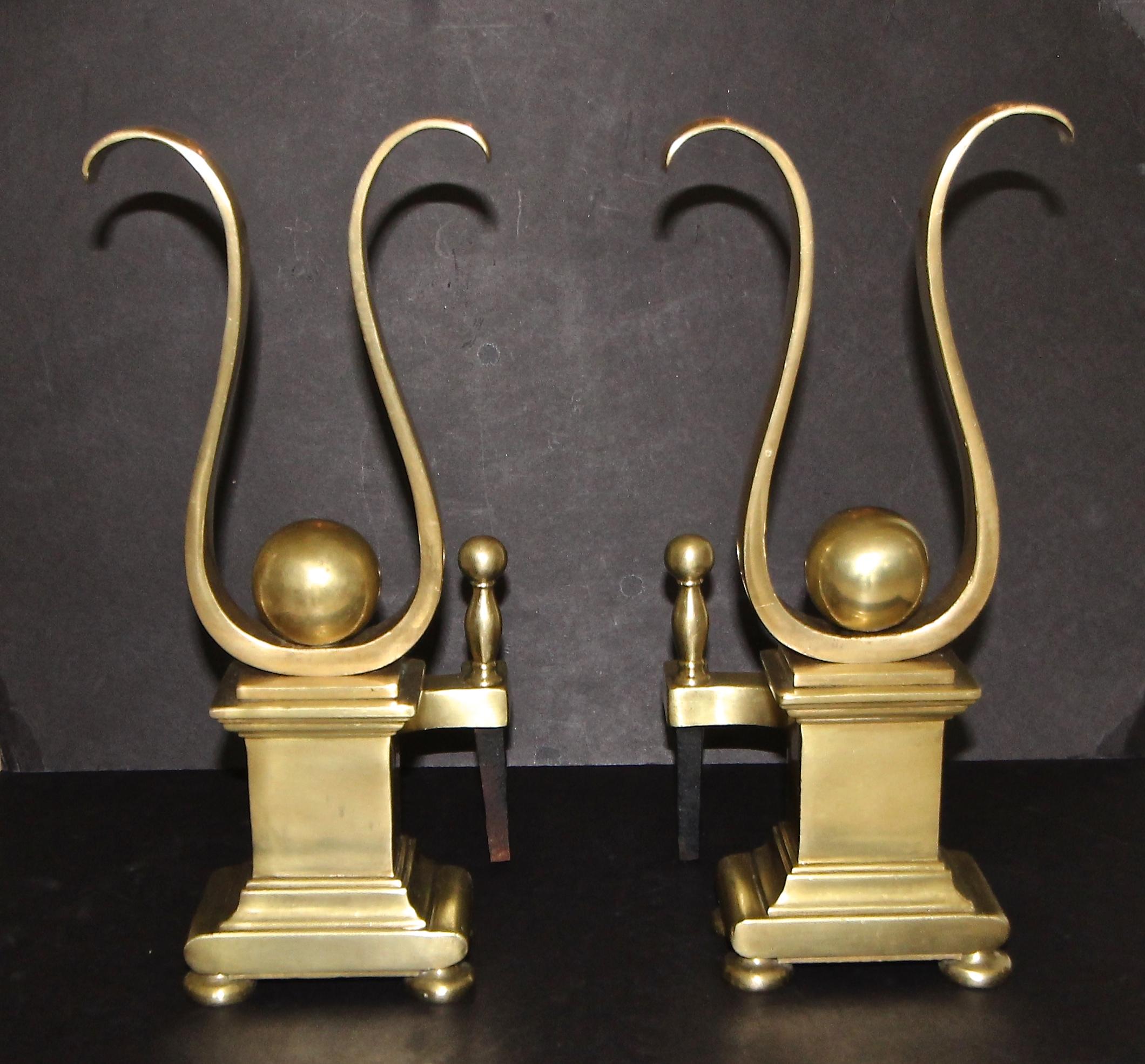 20th Century Pair of French Solid Brass Lyre Shape Andirons