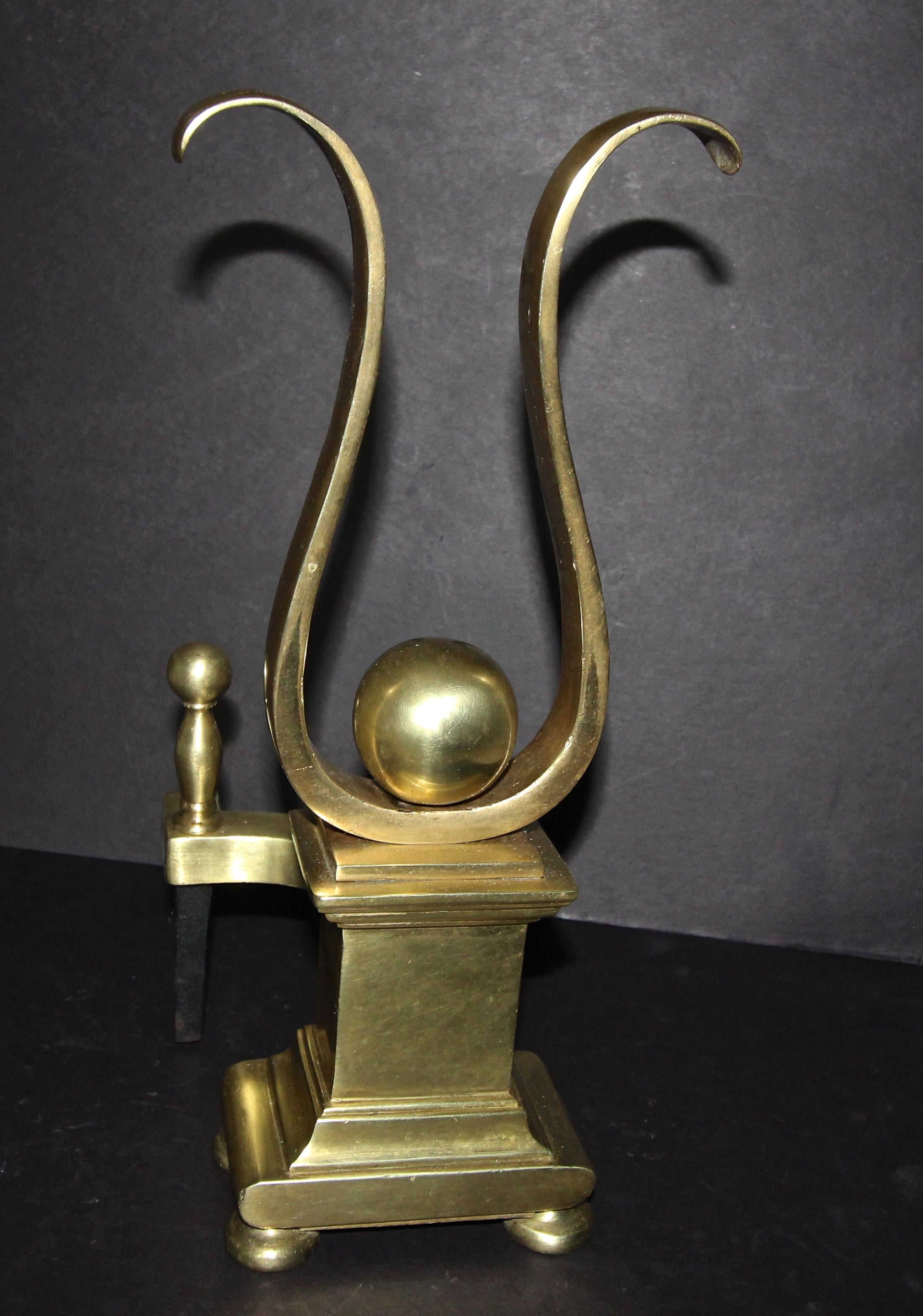 Pair of French Solid Brass Lyre Shape Andirons 1