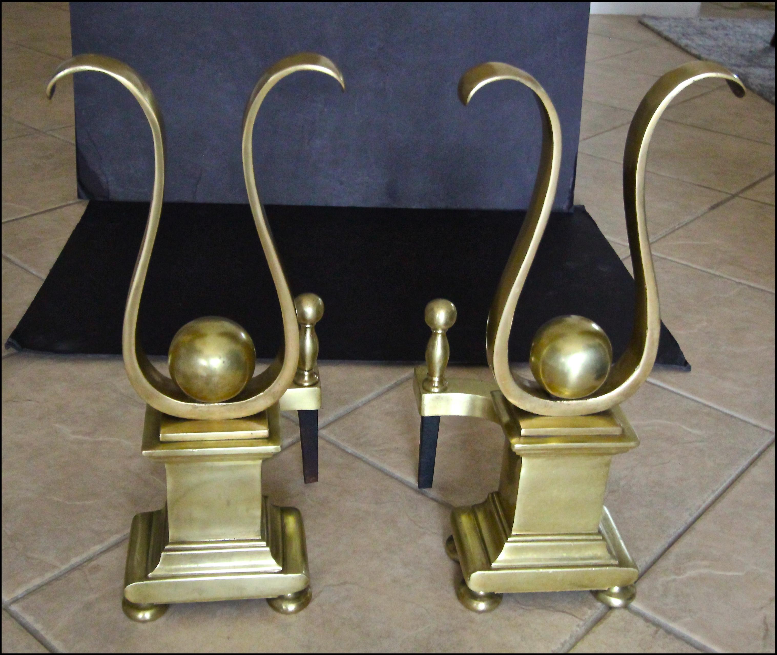 Pair of French Solid Brass Lyre Shape Andirons 2