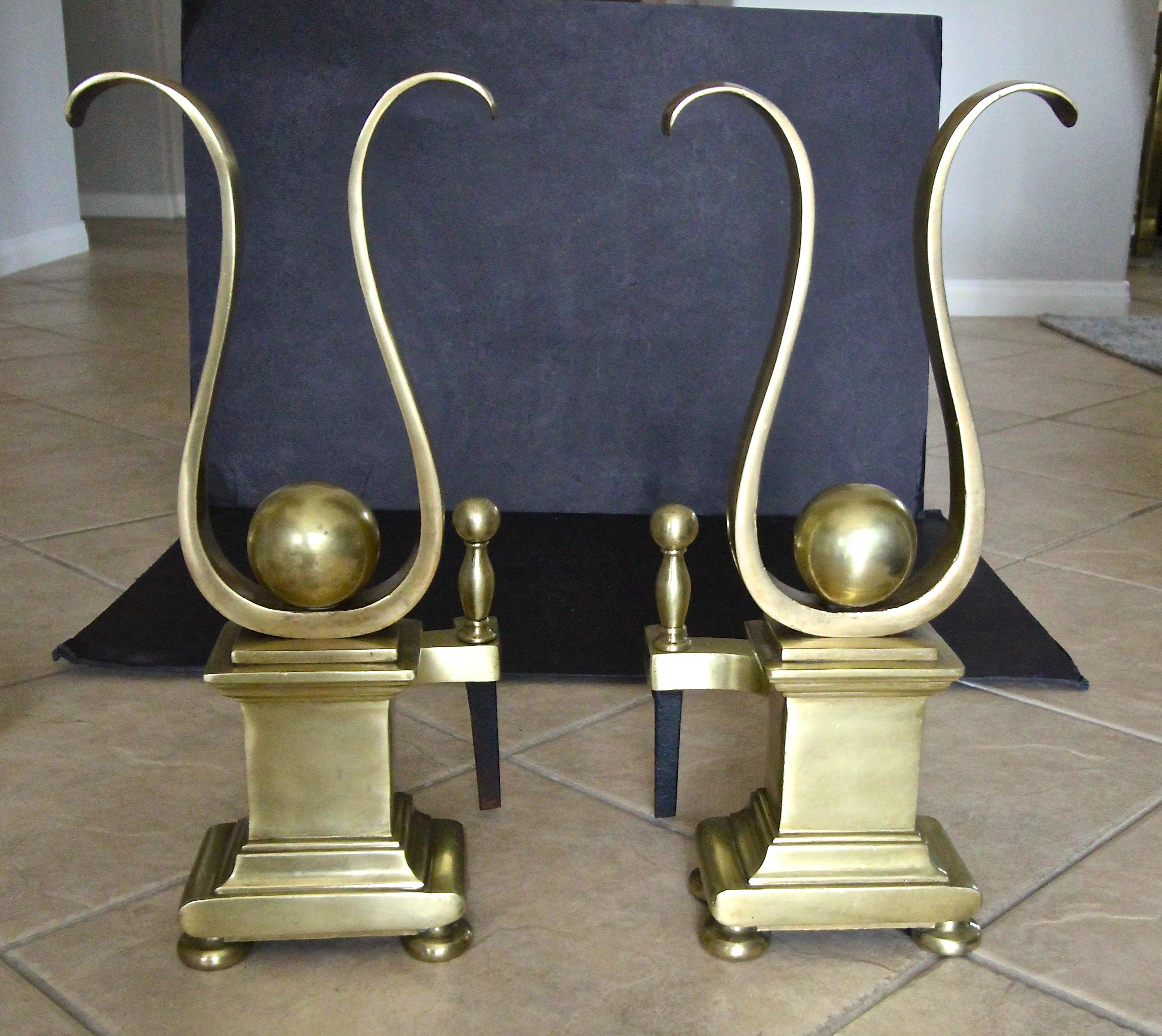 Pair of French Solid Brass Lyre Shape Andirons 3