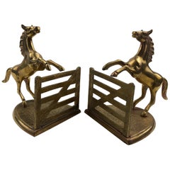 Pair of French Solid Cast Bronze Bookends, Jumping Horses