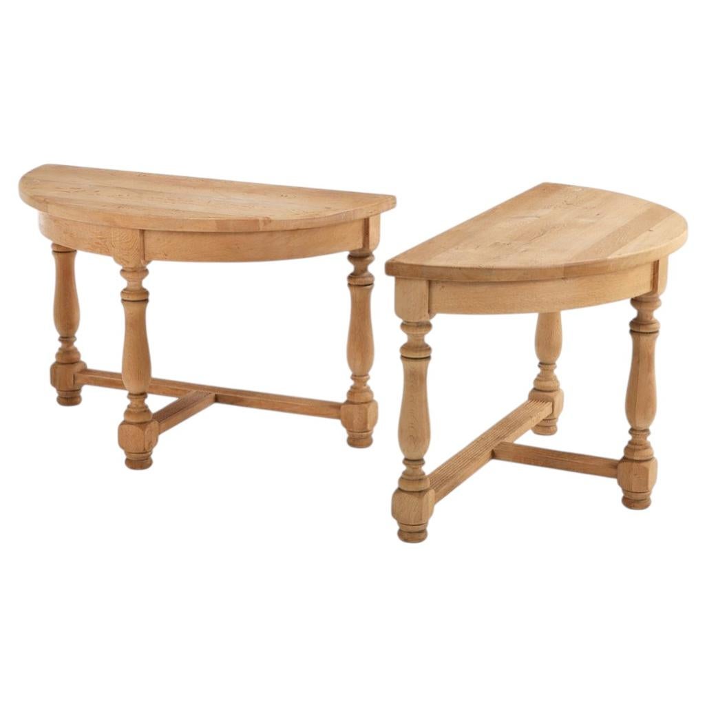 Pair of French Solid Oak Demilune Console Tables, C. 1950.