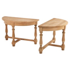Pair of French Solid Oak Demilune Console Tables, C. 1950.