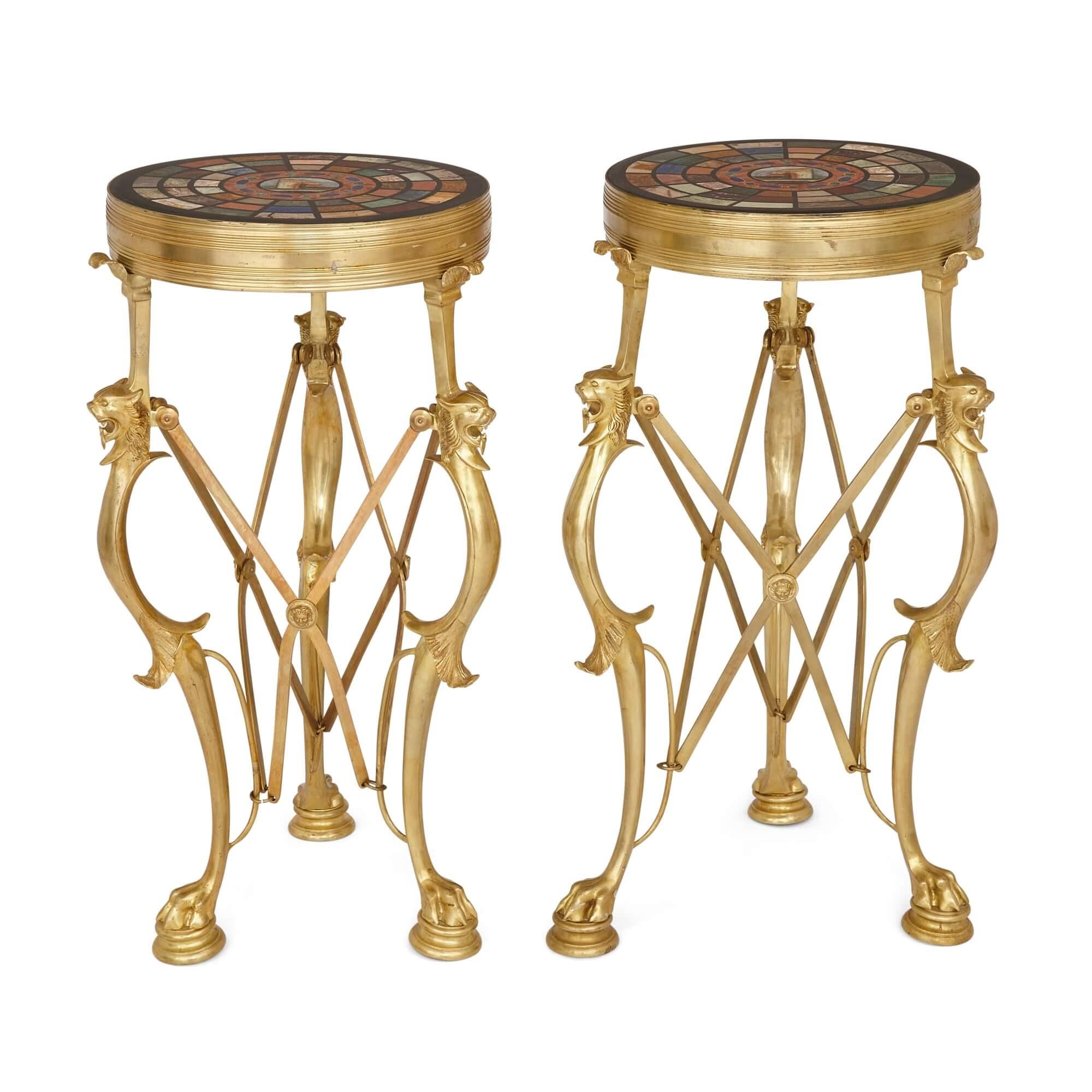 Pair of French specimen stone, micromosaic and gilt bronze gueridons 
French, 20th Century
Height 68cm, diameter 33cm

A gueridon is a furniture type in the form of an ornate table or stand on which various decorative pieces can be displayed. The
