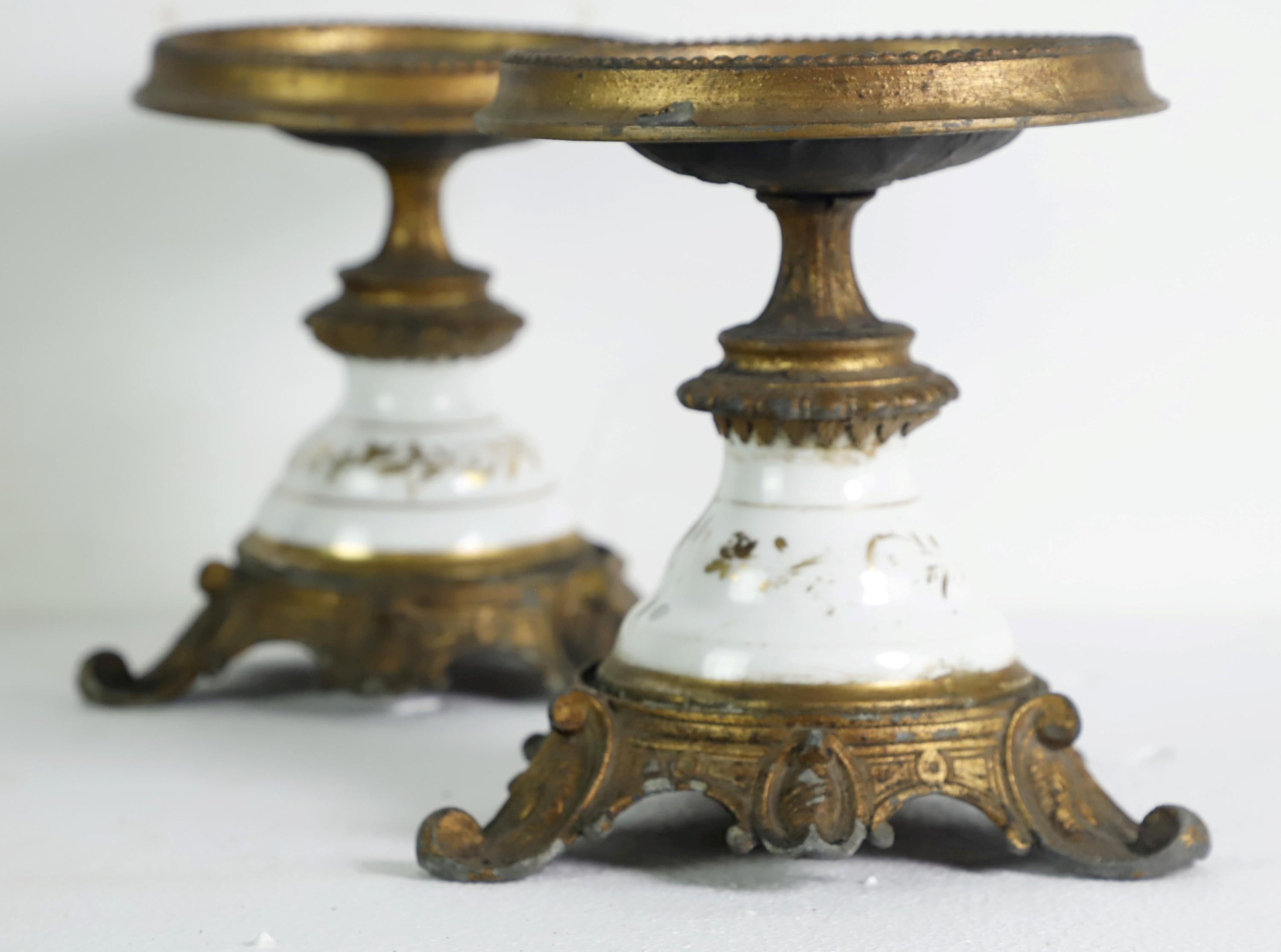 Pair of French Spelter & Ceramic Oil Lamp Holders In Good Condition In New York, NY